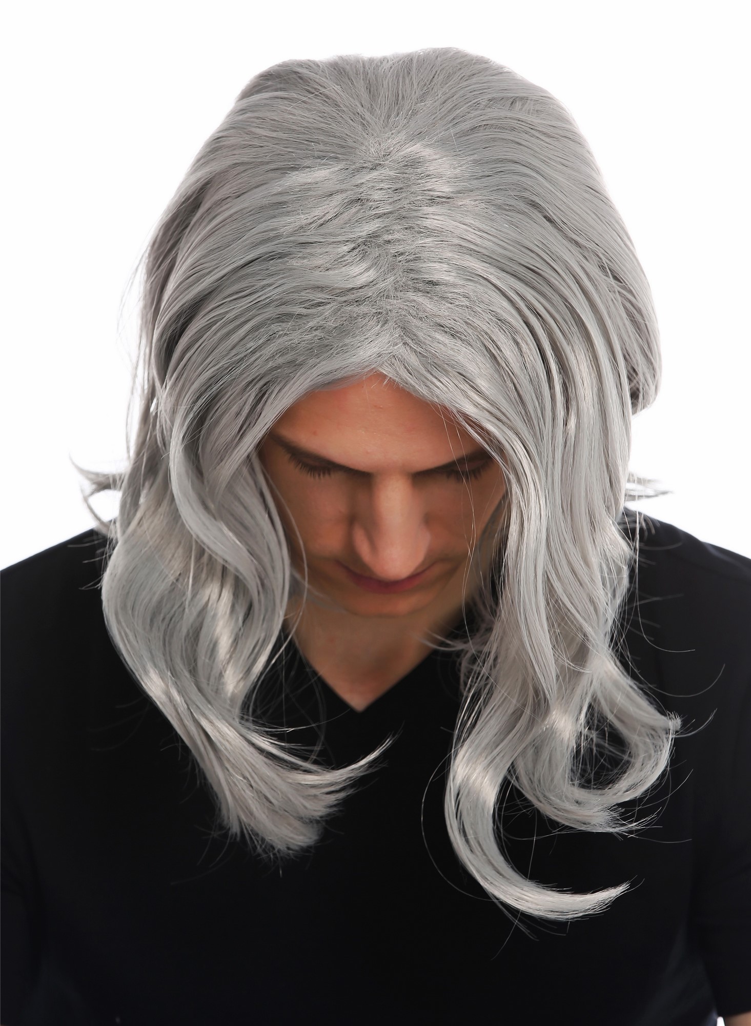 günstige Party Perücke, Perücke Herren lang grau Mittelscheitel gewellt alter Rockstar 3056-FR68A, Ansicht 4, WIG ME UP: Ihr Perücken Online Shop wellige Party Perücke Silbergrau schulterlange Haare Unisex