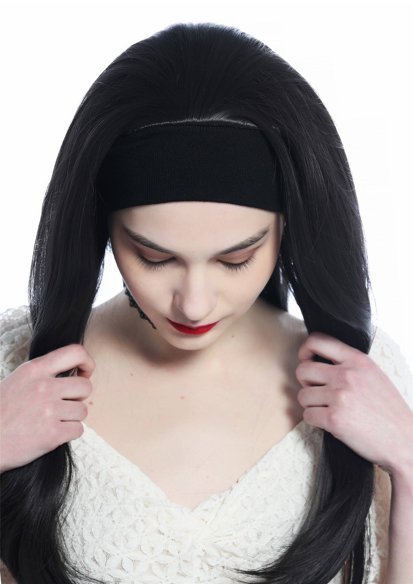 hochwertige Qualitätsperücken, Perücke Halbperücke Stirnband lang glatt Braun Dunkelbraun H9306-4, Ansicht 5, WIG ME UP: Ihr Perücken Online Shop glatte Tressen-Perücke mit Stirnband Dunkelbraun lange Haare für Damen