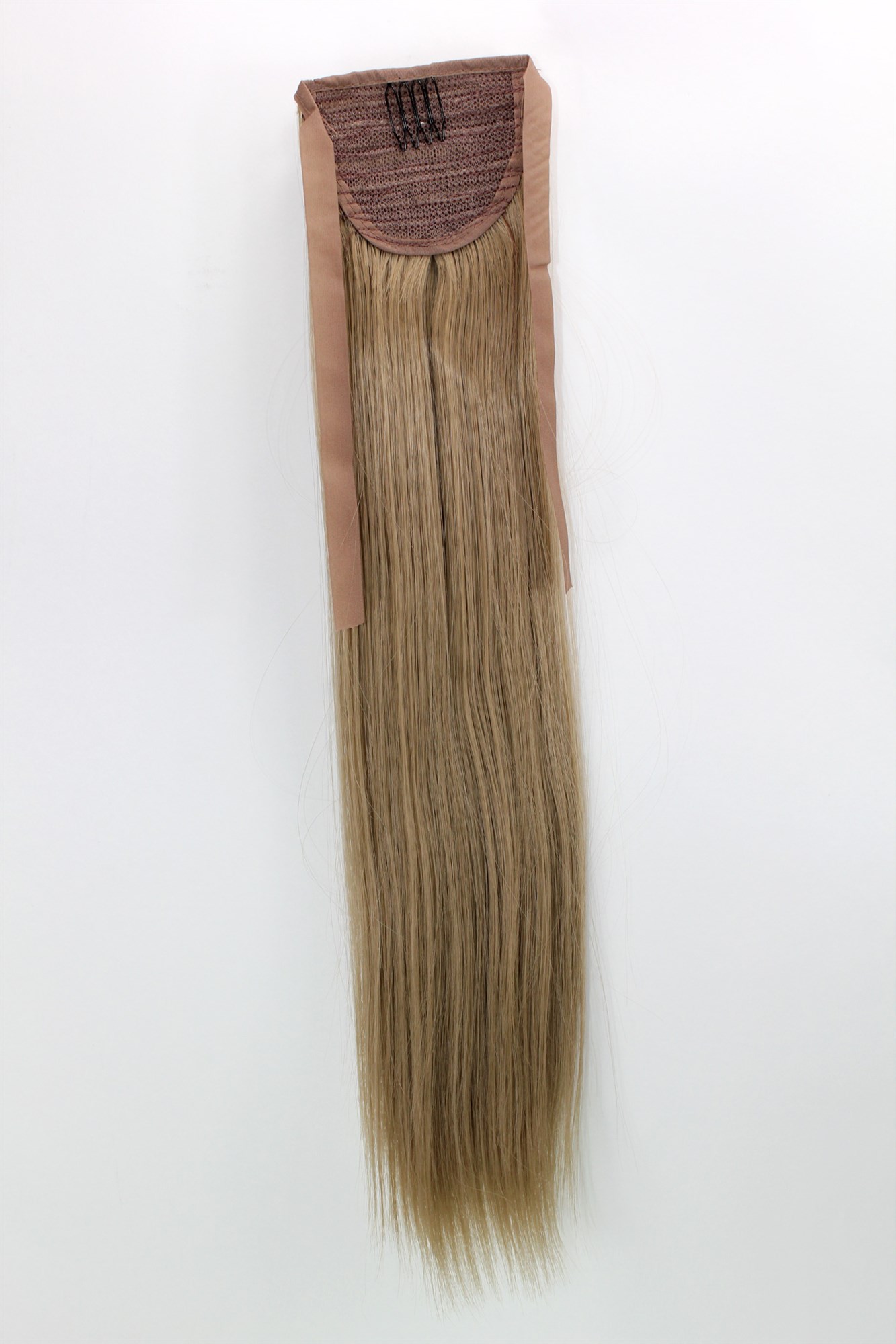 YZF-TS18-16 Hairpiece Pontail Pigtail extension slim light straight comb and ribbon dark ash blond 18", view 2, WIG ME UP: Your Perücken Online Shop Ponytails, ash blonde, straight, shoulder-length