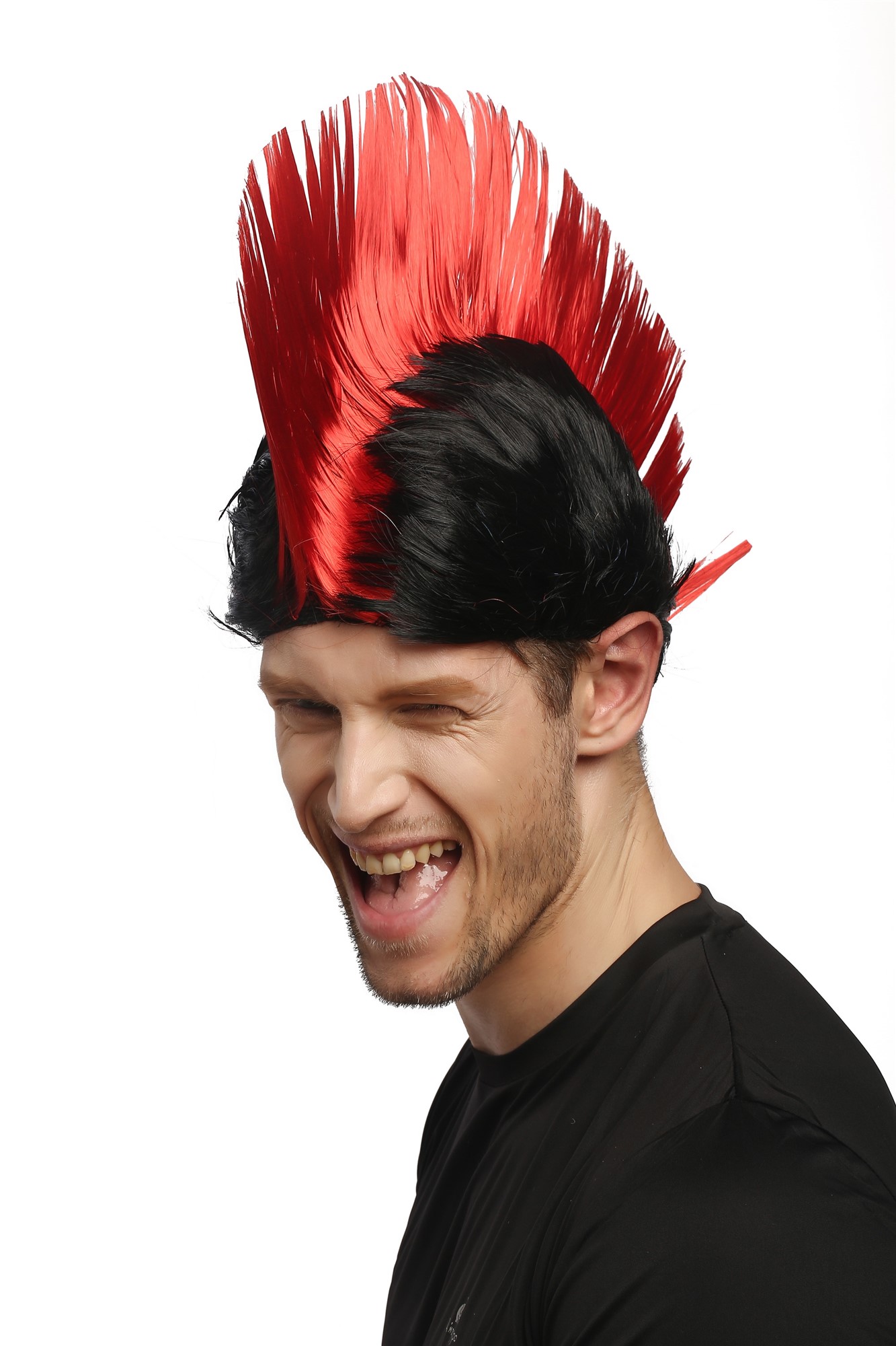 XR-012-P103/PC13 Wig Ladies Men Halloween Carnival black red spiky mohawk Punk 70s 80s, front view, WIG ME UP: Your Perücken Online Shop Party Wig, Unisex, Red, Black, straight, short