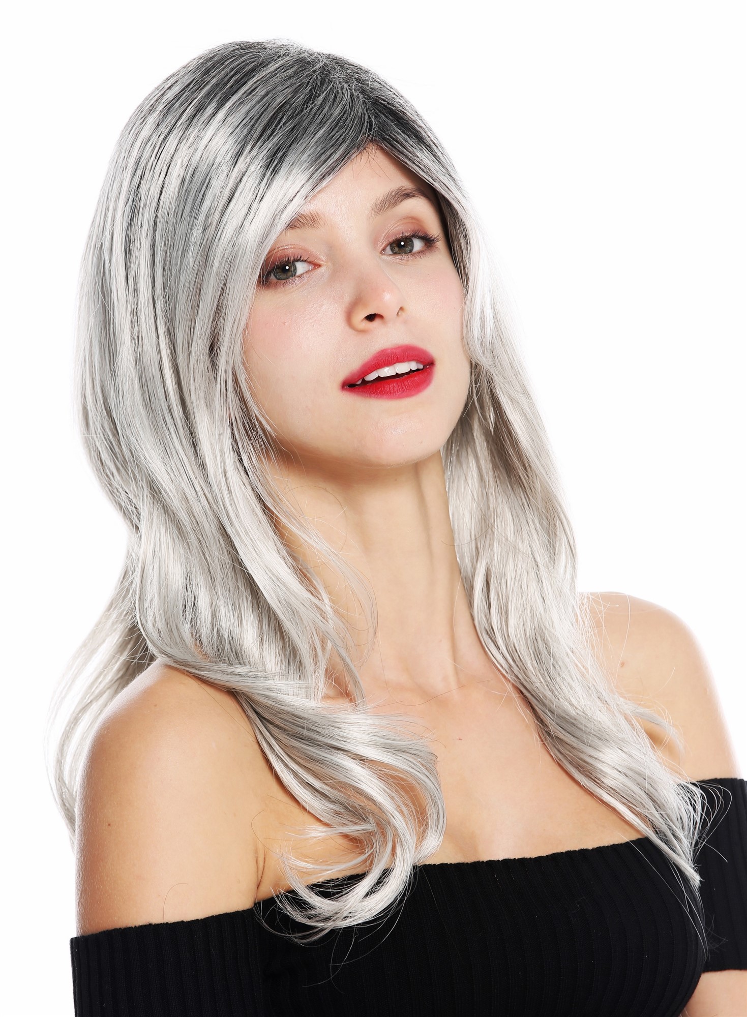hochwertige Qualitätsperücken, Perücke lang wellig Balayage Schwarz Grau GFW2195-56+1T56, Ansicht 2, WIG ME UP: Ihr Perücken Online Shop wellige Tressen-Perücke Grau-Schwarz-Mix lange Haare für Damen