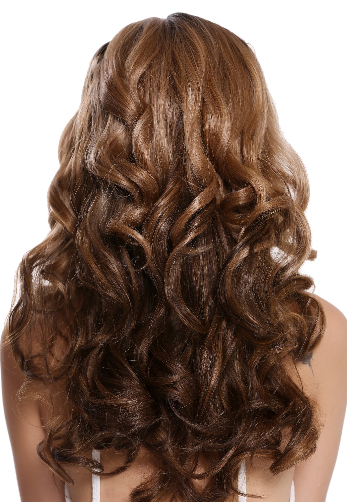 Quality Wigs, Ladies, strawberry blonde-copper brown-platinum blonde-velvet black mix, curled, long