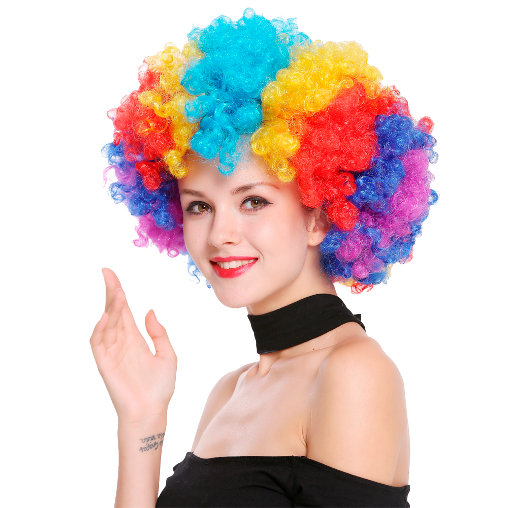 Category image for colored party wigs Brightly colored afro wig with purple, blue, orange, yellow and light blue hair