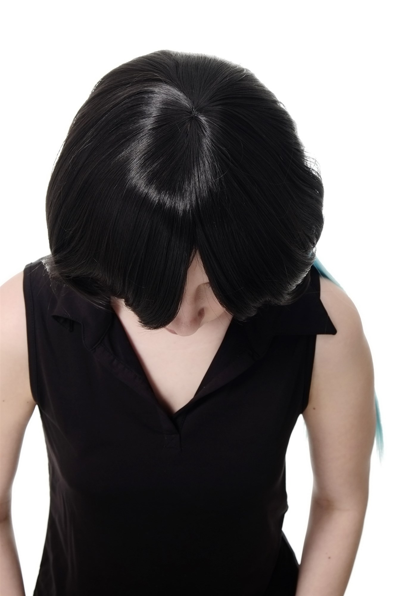 hochwertige Qualitätsperücken, Perücke Cosplay schwarz Bob Zopf cyan SA074-2HTF2513, Ansicht 5, WIG ME UP: Ihr Perücken Online Shop glatte Tressen-Perücke mit Kopfhaut-Imitat Schwarz-Hellblau lange Haare für Damen