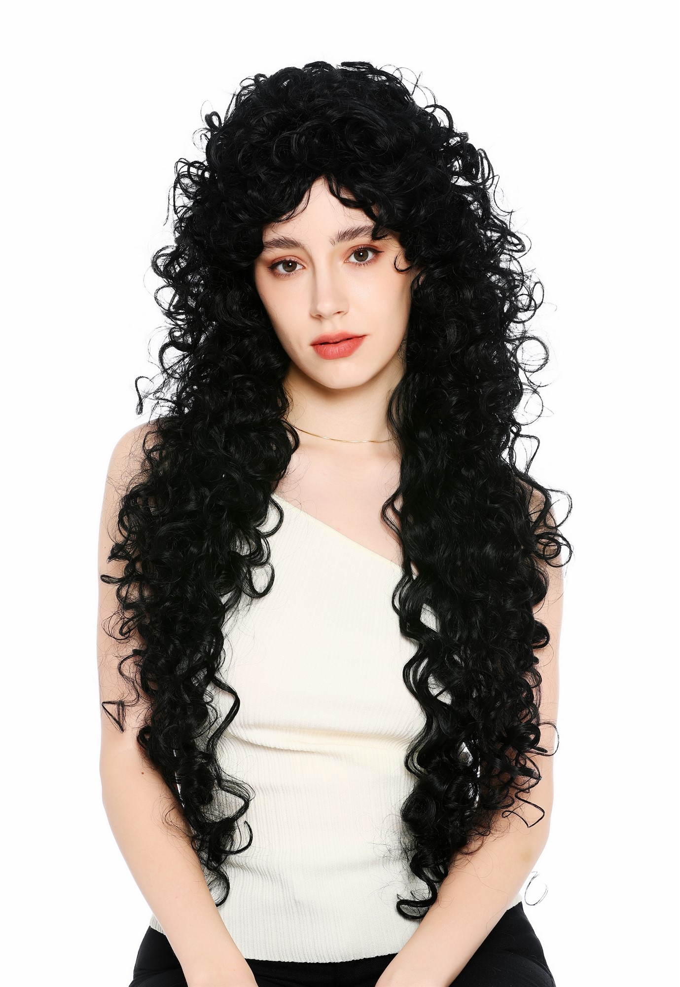 Perücke Damen sehr lang wild gelockt Locken Schwarz Tiefschwarz 80 cm VK-59-1