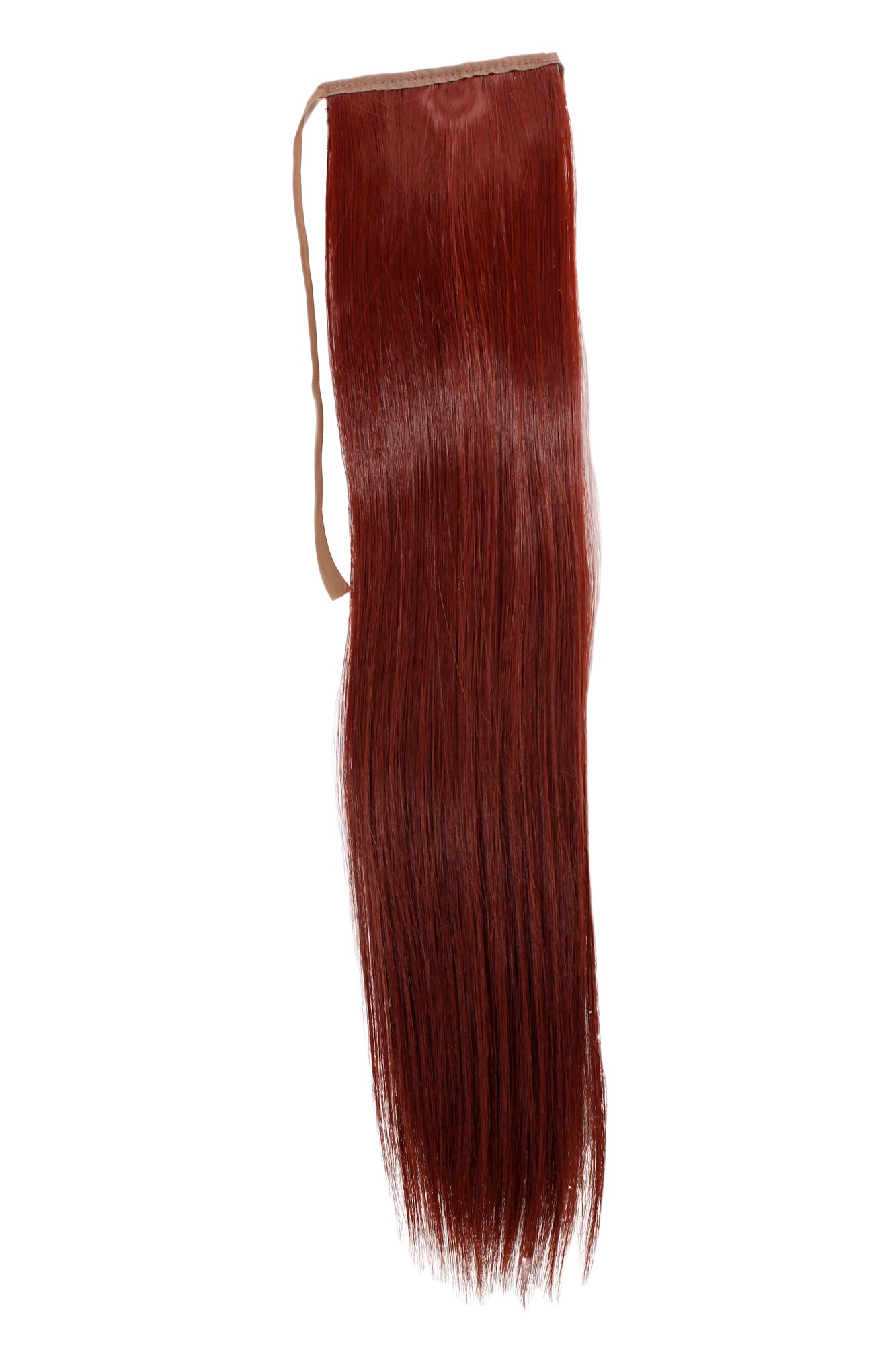 YZF-TS18-35 Hairpiece Pontail Pigtail extension slim light straight comb and ribbon dark red, front view, WIG ME UP: Your Perücken Online Shop Ponytails, Red, straight, shoulder-length