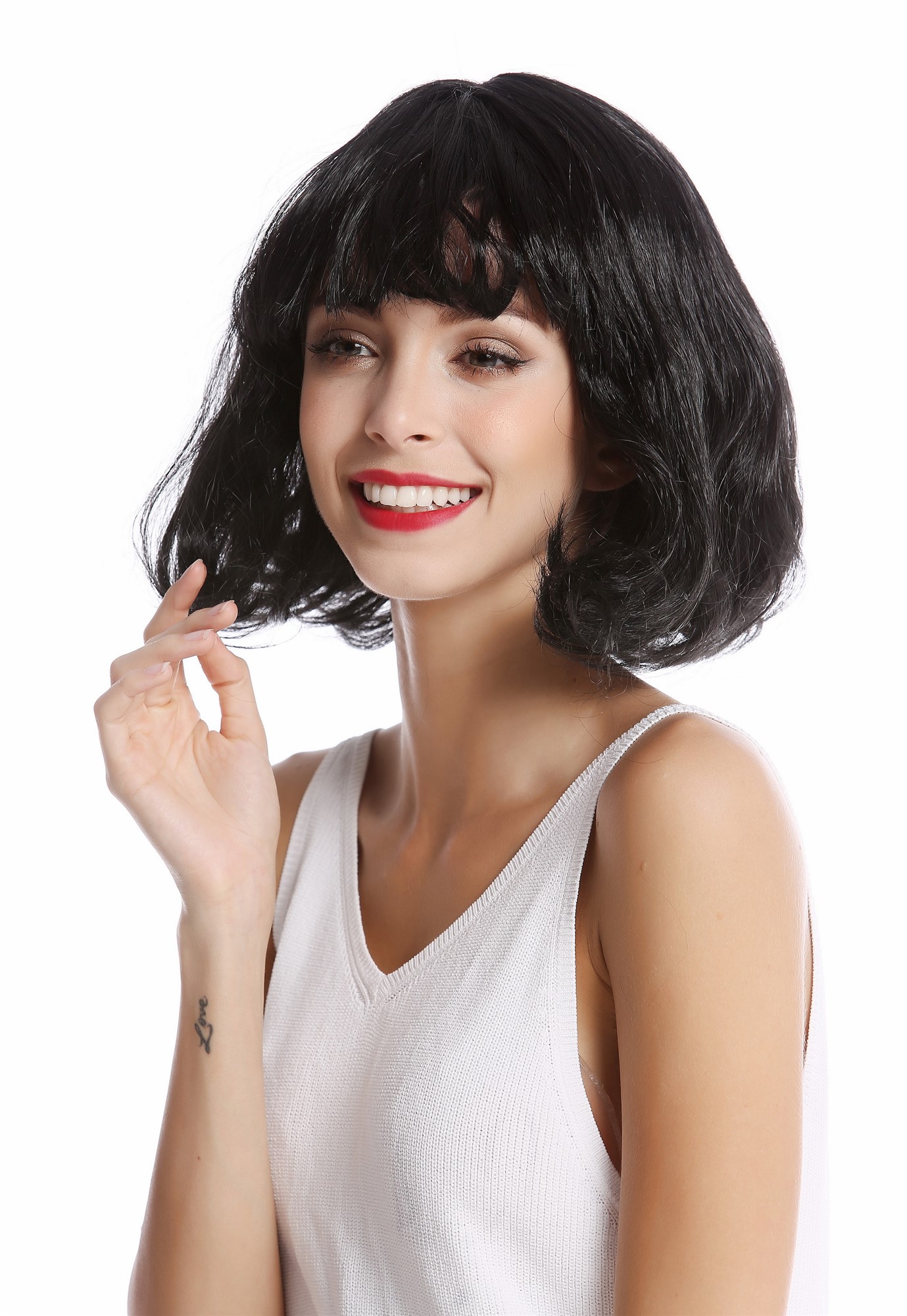 Wig Lady Women Halloween short Longbob Bob black curving tips bangs fringe 90793, front view, WIG ME UP: Your Perücken Online Shop Party Wig, Ladies, Black, wavy, short