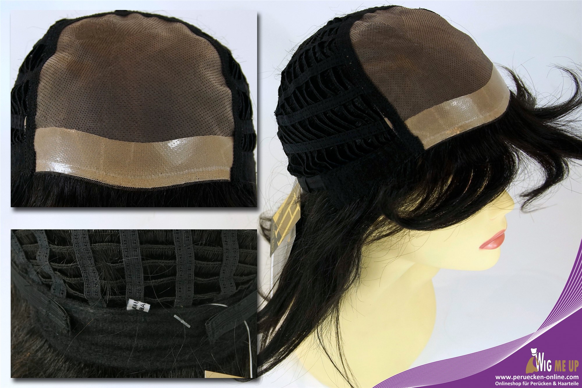 hochwertige Qualitätsperücken, Perücke Echthaar Monofilament lang wellig schwarz PATY-HH-MT-1B, Ansicht 7, WIG ME UP: Ihr Perücken Online Shop wellige Tressen-Perücke mit Klebeflächen Echthaar Samtschwarz schulterlange Haare für Damen