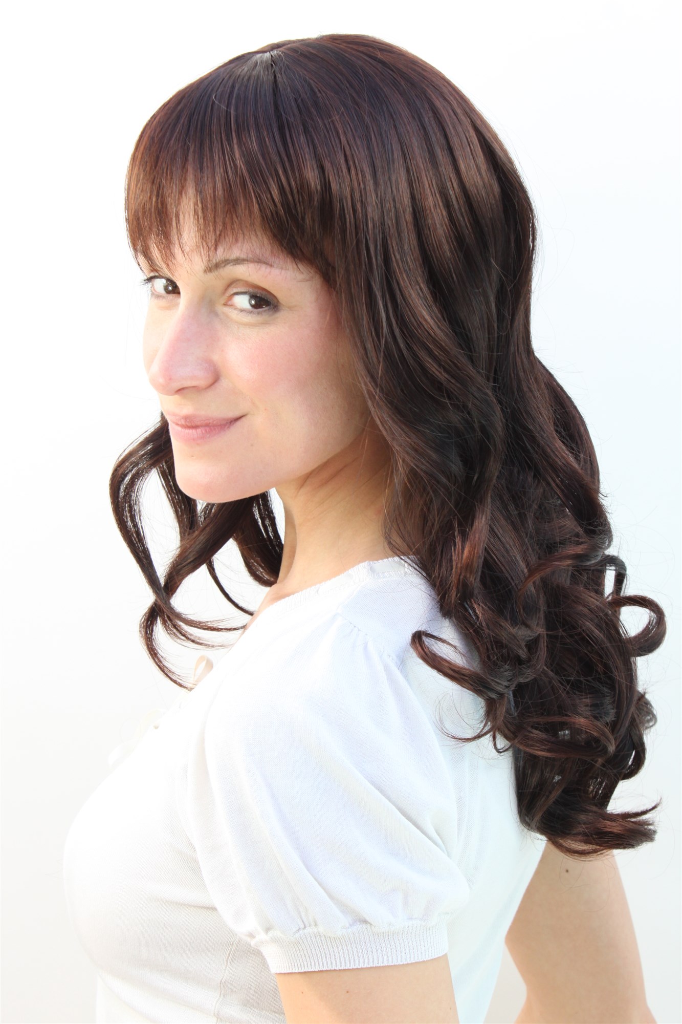 Lady women wig long beautiful curling tips fringe bangs mahogany brown mix 3001, view 4, WIG ME UP: Your Perücken Online Shop Quality Wigs, Ladies, brown mix, wavy, long