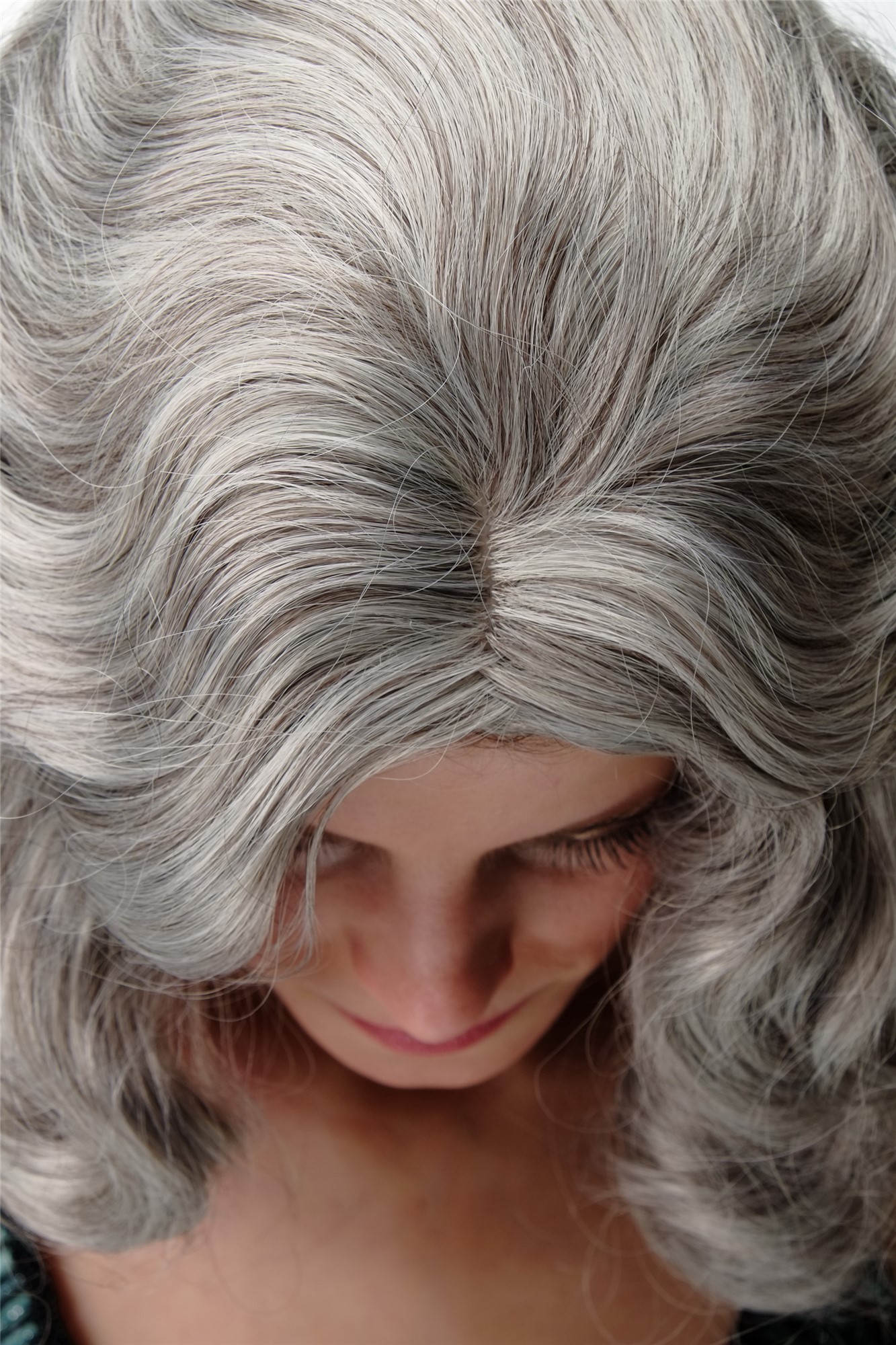 Quality Wigs, Ladies, silver gray with a small amount of black, wavy, shoulder-length