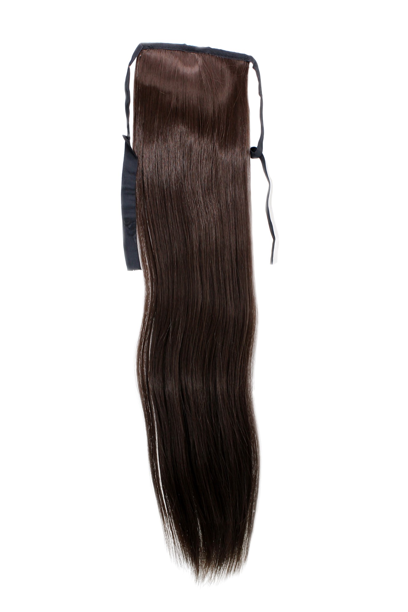 YZF-TS18-6 Hairpiece Pontail Pigtail extension slim light straight comb and ribbon dark to medium chocolate brown, front view, WIG ME UP: Your Perücken Online Shop Ponytails, Brown, straight, shoulder-length