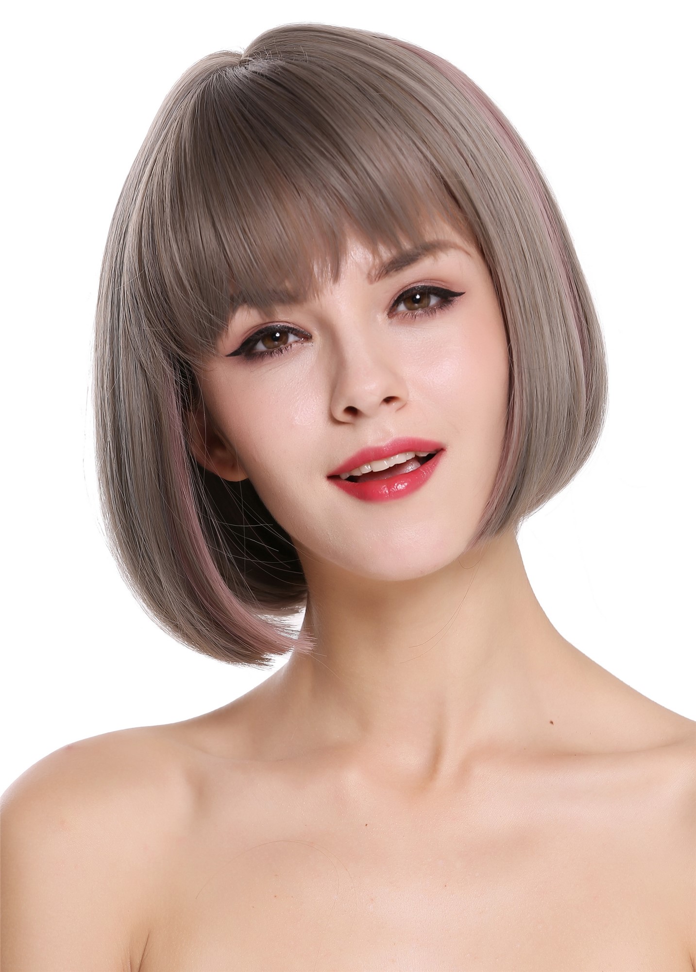hochwertige Qualitätsperücken, Perücke kurz Bob Pony Grau Braun Rosa D3067-8A/10A/612, Vorderansicht, WIG ME UP: Ihr Perücken Online Shop glatte Tressen-Perücke mit Kopfhaut-Imitat Aschgrau-Goldbraun-Pastellrosa-Mix kurze Haare für Damen