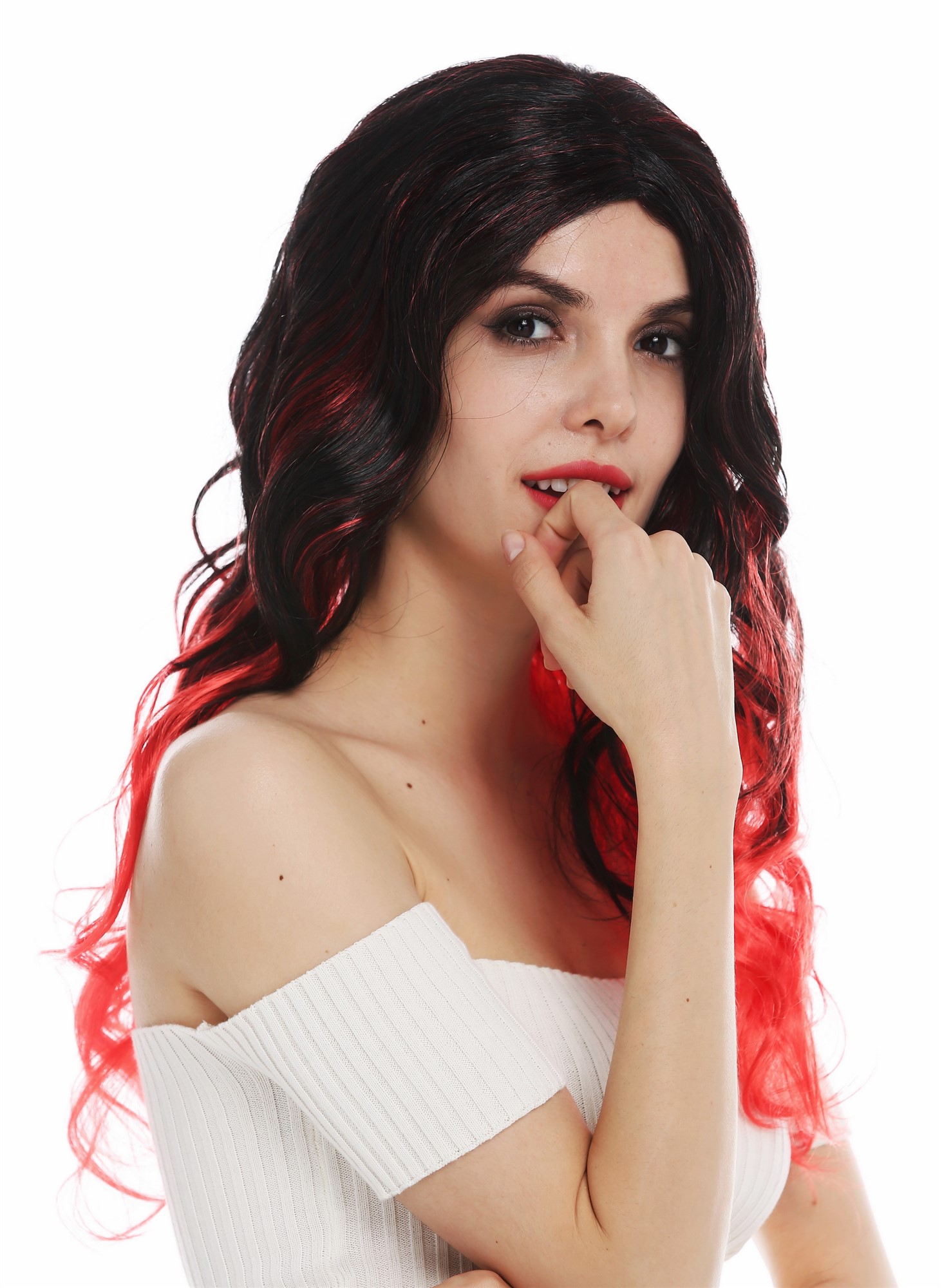 Wig Halloween women long middle parting wavy black red tips devil witch DEC203, view 5, WIG ME UP: Your Perücken Online Shop Party Wig, Ladies, deep black and bright red mix, wavy, long