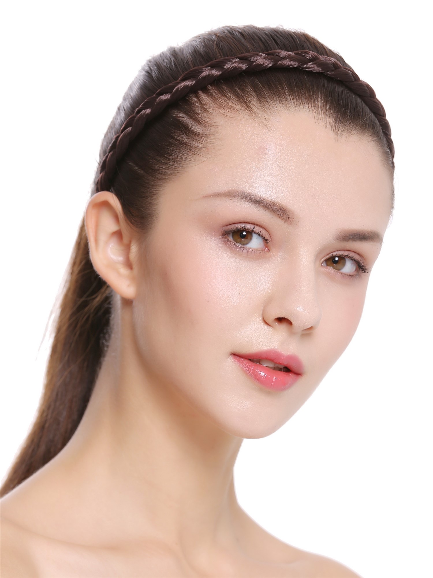 Schmales Haarband geflochten Breite: 1 cm Braun CXT-008-006, Vorderansicht, WIG ME UP: Ihr Perücken Online Shop Haarreifen geflochten Braun 42 cm