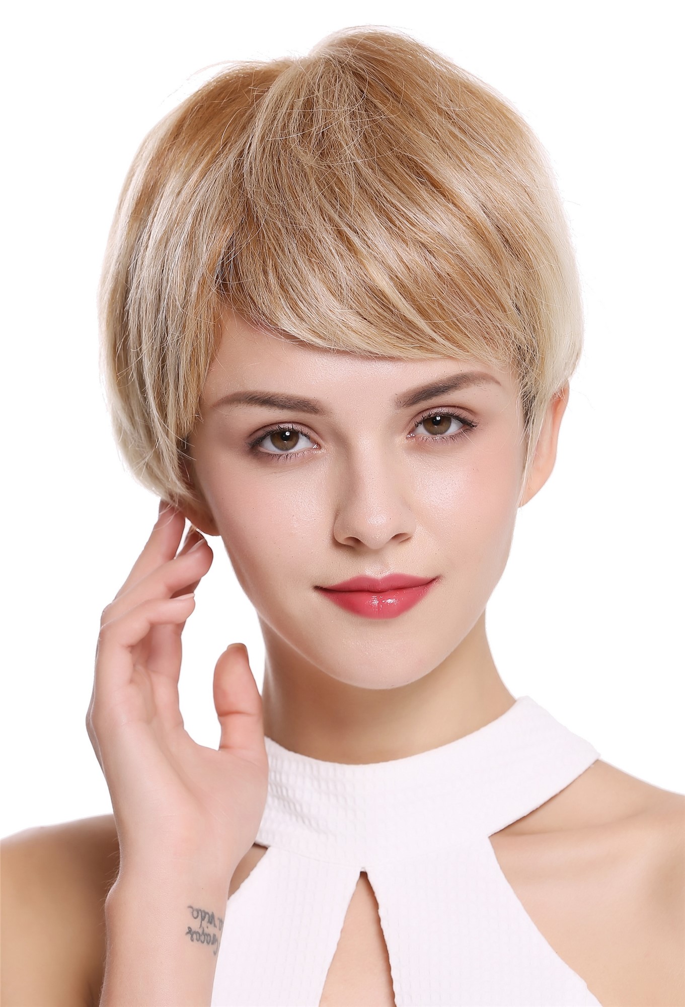 hochwertige Qualitätsperücken, Perücke Monofilament kurz burschikos Blond Platin gesträhnt DW-1681-MT-HS-27T613, Ansicht 2, WIG ME UP: Ihr Perücken Online Shop glatte Tressen-Perücke mit Teil-Mono Oberkopf, Front-Lace und als Befestigung mit Klebeflächen Erdbeerblond-Platinblond-Mix kurze Haare für Unisex