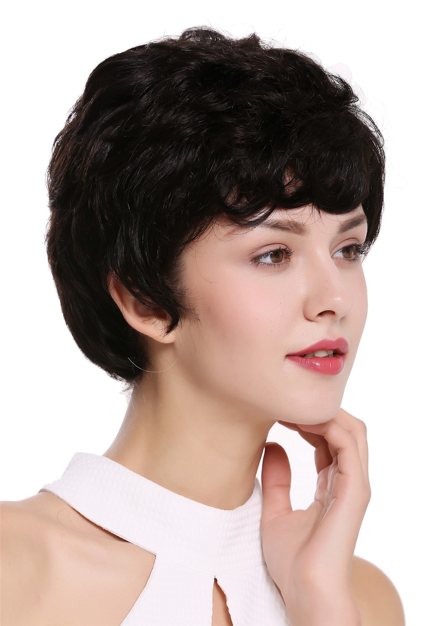 hochwertige Qualitätsperücken, Perücke Echthaar Herren Damen kurz Dunkelbraun natur NG-HH-13-0, Ansicht 2, WIG ME UP: Ihr Perücken Online Shop wellige Tressen-Perücke 100% Echthaar natur, ungefärbt kurze Haare für Unisex