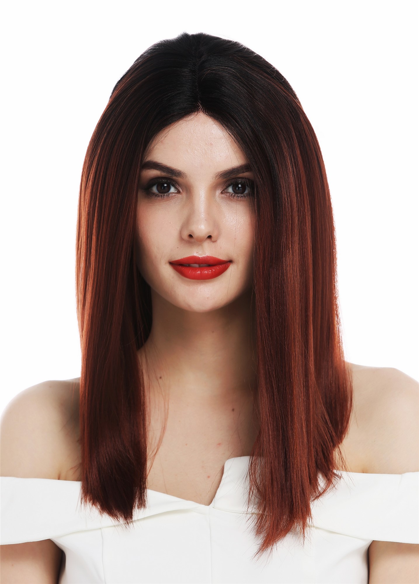 Lady wig lace front mono middle parting long sleek ombre black red RGF-7253-MF, front view, WIG ME UP: Your Perücken Online Shop Quality Wigs, Ladies, red-black mix, straight, shoulder-length