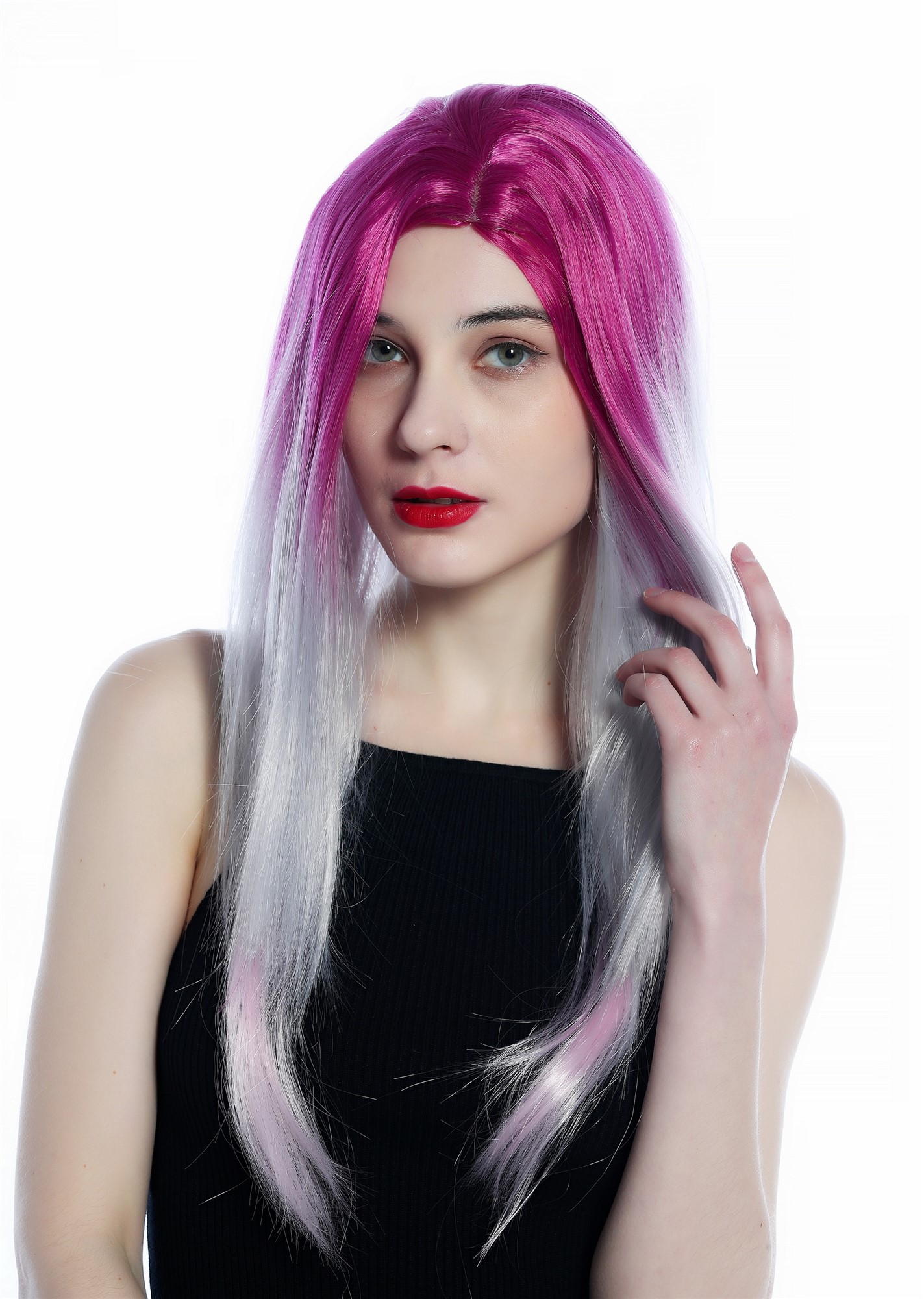 hochwertige Qualitätsperücken, Perücke lang glatt Mittelscheitel Ombre Balayage Grau Pink Rosa ZM-1031-R20140, Ansicht 5, WIG ME UP: Ihr Perücken Online Shop glatte Tressen-Perücke mit Kopfhaut-Imitat Pink-Silbergrau-Rosa-Verlauf lange Haare für Damen