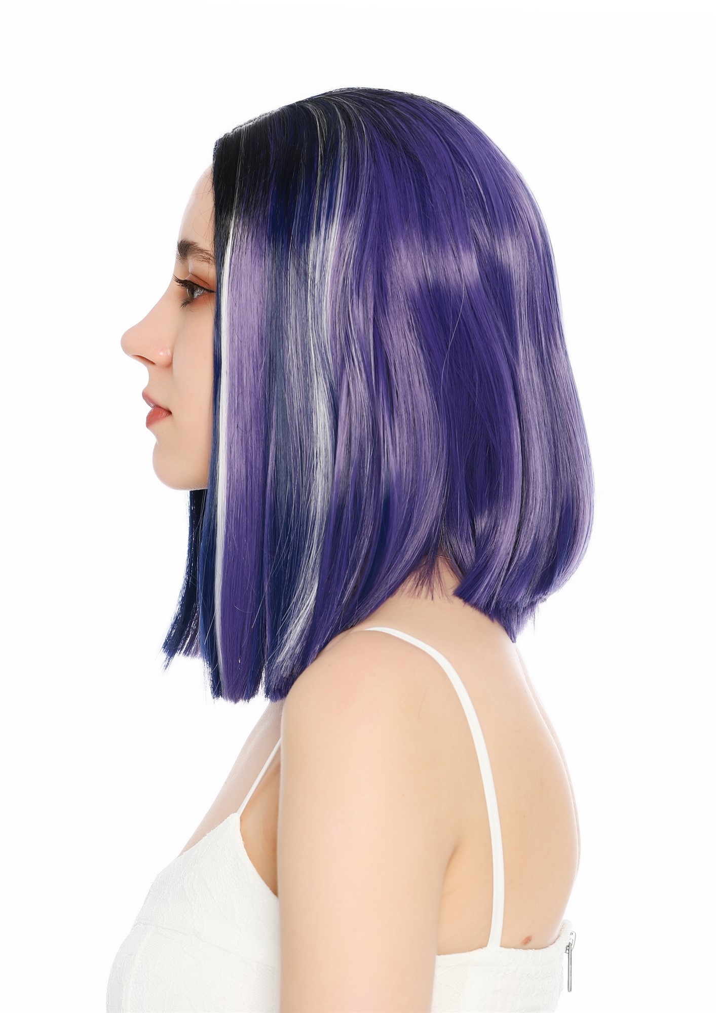 Perücke Damen schulterlang Longbob glatt Lila Schwarz Weiß Blau Gesträhnt Mittelscheitelt GFW4029S-G597