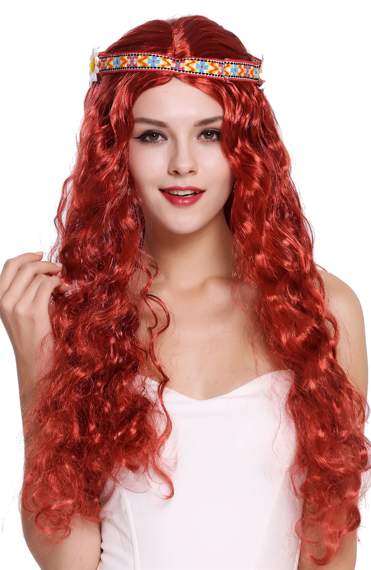 günstige Party Perücke, Perücke Stirnband Hippie lang rot 91298-ZA350, Ansicht 2, WIG ME UP: Ihr Perücken Online Shop wellige Party Perücke Rot lange Haare für Damen