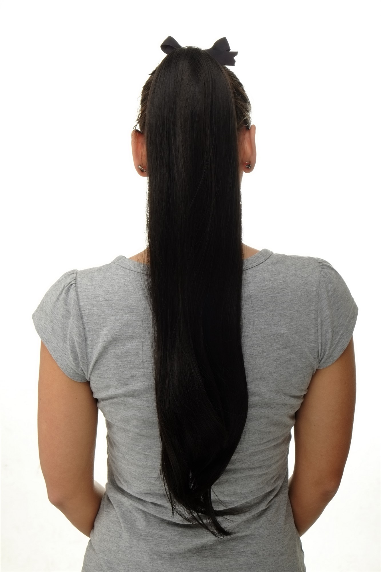 Hairpiece PONYTAIL (comb & ribbon wrap-around system) extension full volume long straight darkbrown, front view, WIG ME UP: Your Perücken Online Shop Ponytails, dark brown, straight, long