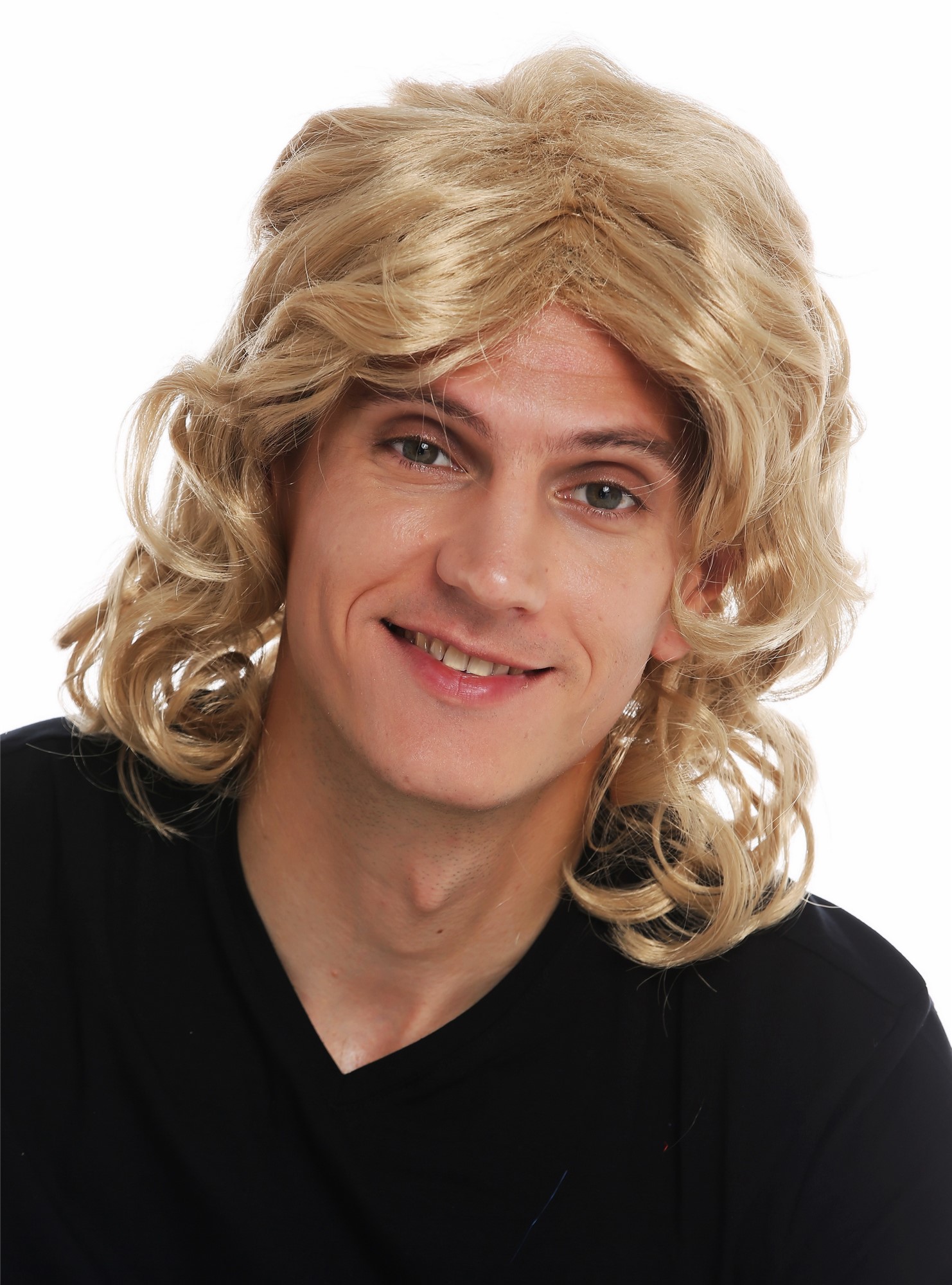 günstige Party Perücke, Perücke Herren lang gewellt Blond Schönling F26722-ZA82A, Vorderansicht, WIG ME UP: Ihr Perücken Online Shop lockige Party Perücke Karamellblond schulterlange Haare Unisex