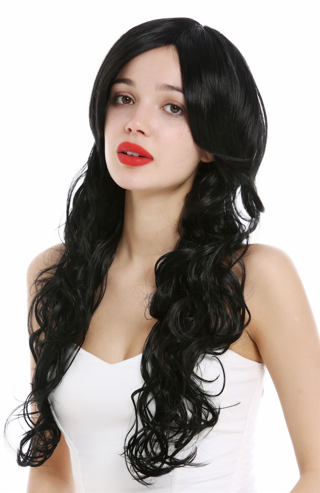 hochwertige Qualitätsperücken, Perücke lang gelockt wet look Schwarz VK-47-1B, Ansicht 6, WIG ME UP: Ihr Perücken Online Shop lockige Tressen-Perücke mit Kopfhaut-Imitat Samtschwarz lange Haare für Damen