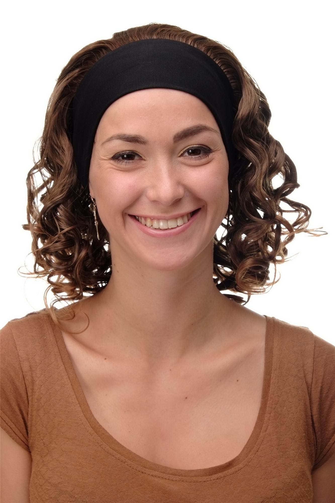 hochwertige Qualitätsperücken, Perücke Stirnband Braun-Blond-Mix Locken Schulterlang BRO-704-6T27, Ansicht 2, WIG ME UP: Ihr Perücken Online Shop lockige Tressen-Perücke mit Stirnband Braun-Blond-Mix schulterlange Haare für Damen