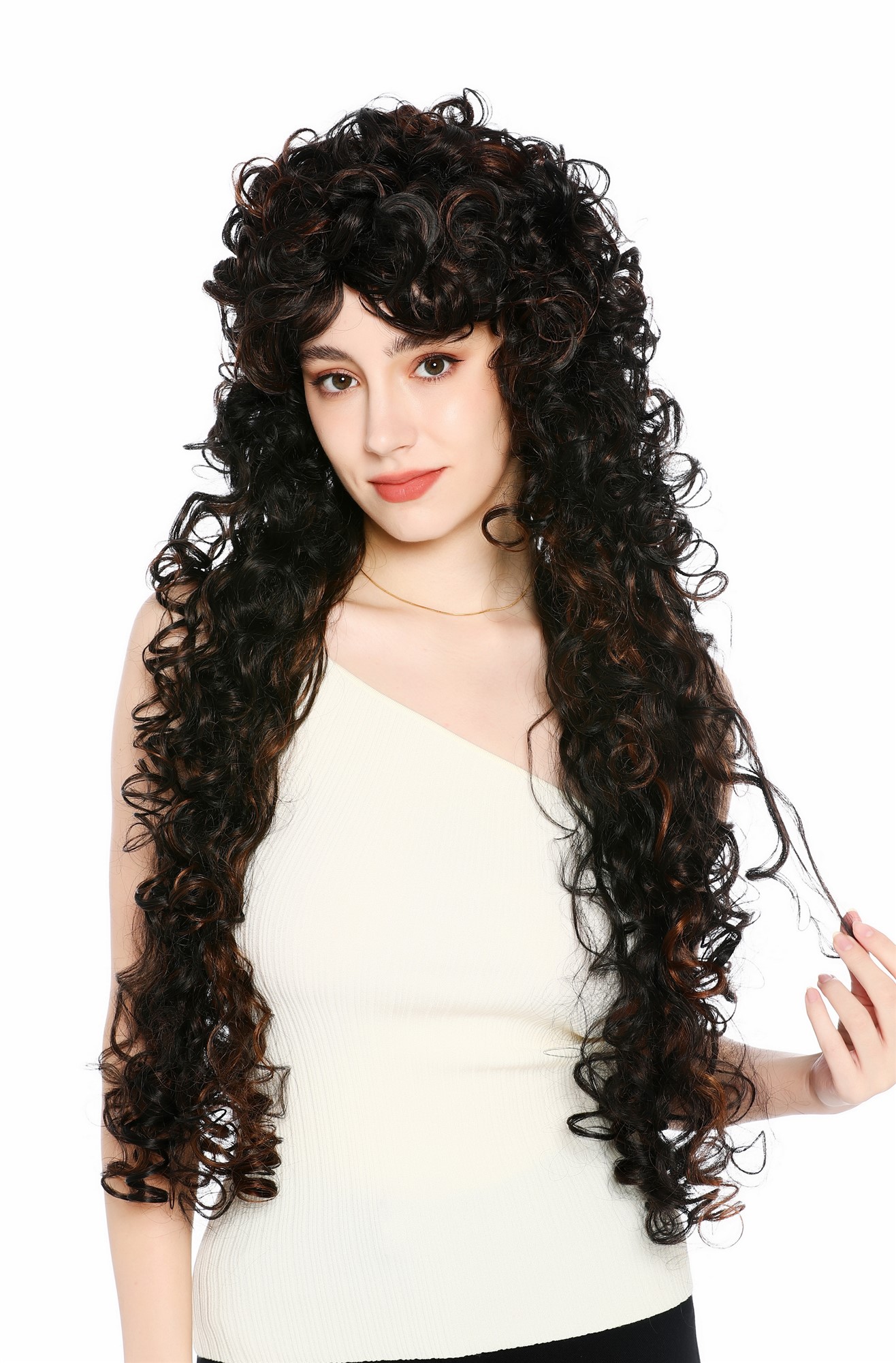 Perücke Damen sehr lang wild gelockt Locken Dunkelbraun Kupferbraun gesträhnt VVK-59-2H30