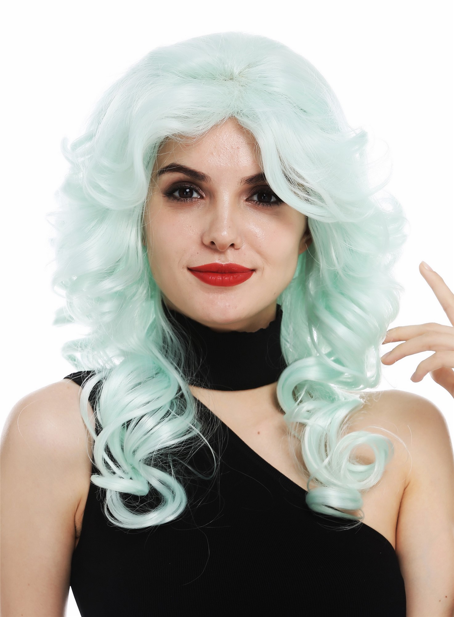 hochwertige Qualitätsperücken, Perücke Diva 80er Wellig Türkis Grün WL-3010-T5507, Ansicht 2, WIG ME UP: Ihr Perücken Online Shop lockige Tressen-Perücke Hellgrün schulterlange Haare für Damen