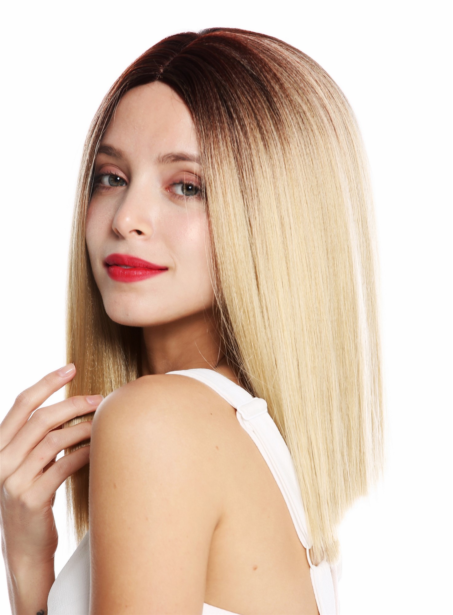 hochwertige Qualitätsperücken, Perücke schulterlang glatt Blunt Cut Ombre Blond Braun Mix VK-51-24BYS33, Ansicht 3, WIG ME UP: Ihr Perücken Online Shop glatte Tressen-Perücke mit Kopfhaut-Imitat Blond-Braun-Mix schulterlange Haare für Damen