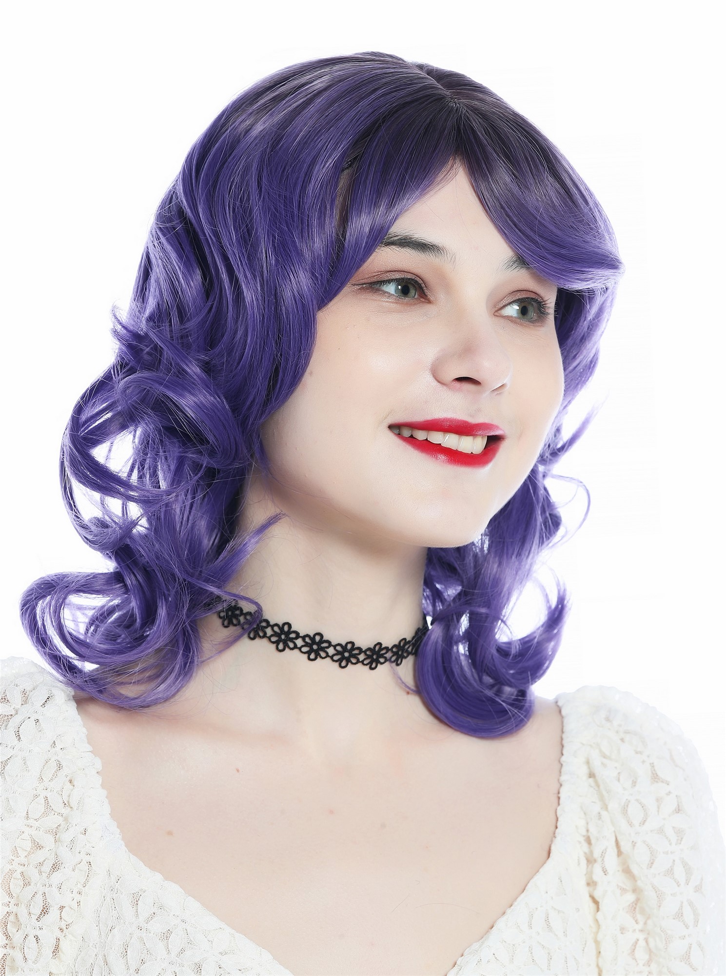 hochwertige Qualitätsperücken, Perücke schulterlang Locken Ombre Dunkelbraun Lila SZL0672-T-009, Ansicht 3, WIG ME UP: Ihr Perücken Online Shop lockige Tressen-Perücke mit Kopfhaut-Imitat Dunkelbraun-Lila-Verlauf schulterlange Haare für Damen