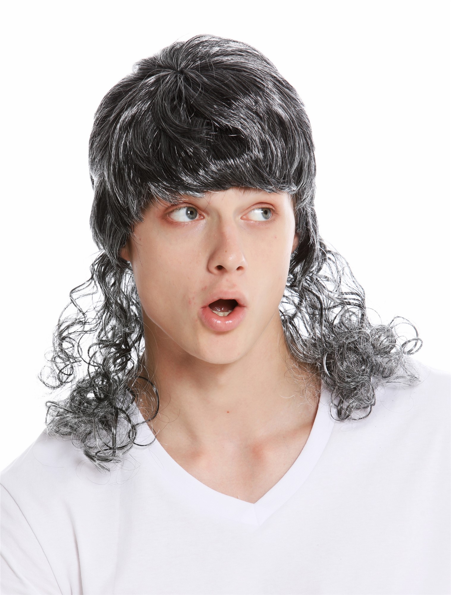 günstige Party Perücke, Perücke Vokuhila Schlager Sänger Grau Lockig 60893-P103-P68, Vorderansicht, WIG ME UP: Ihr Perücken Online Shop lockige Party Perücke Dunkelgrau schulterlange Haare Unisex