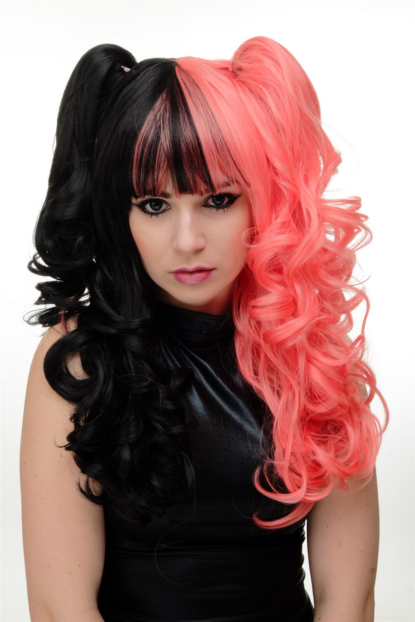 Lady Cosplay Wig + 2 ponytails pigtails curled split colour black pink YZF-7080H, view 2, WIG ME UP: Your Perücken Online Shop Quality Wigs, Ladies, black, pink, curled, shoulder-length