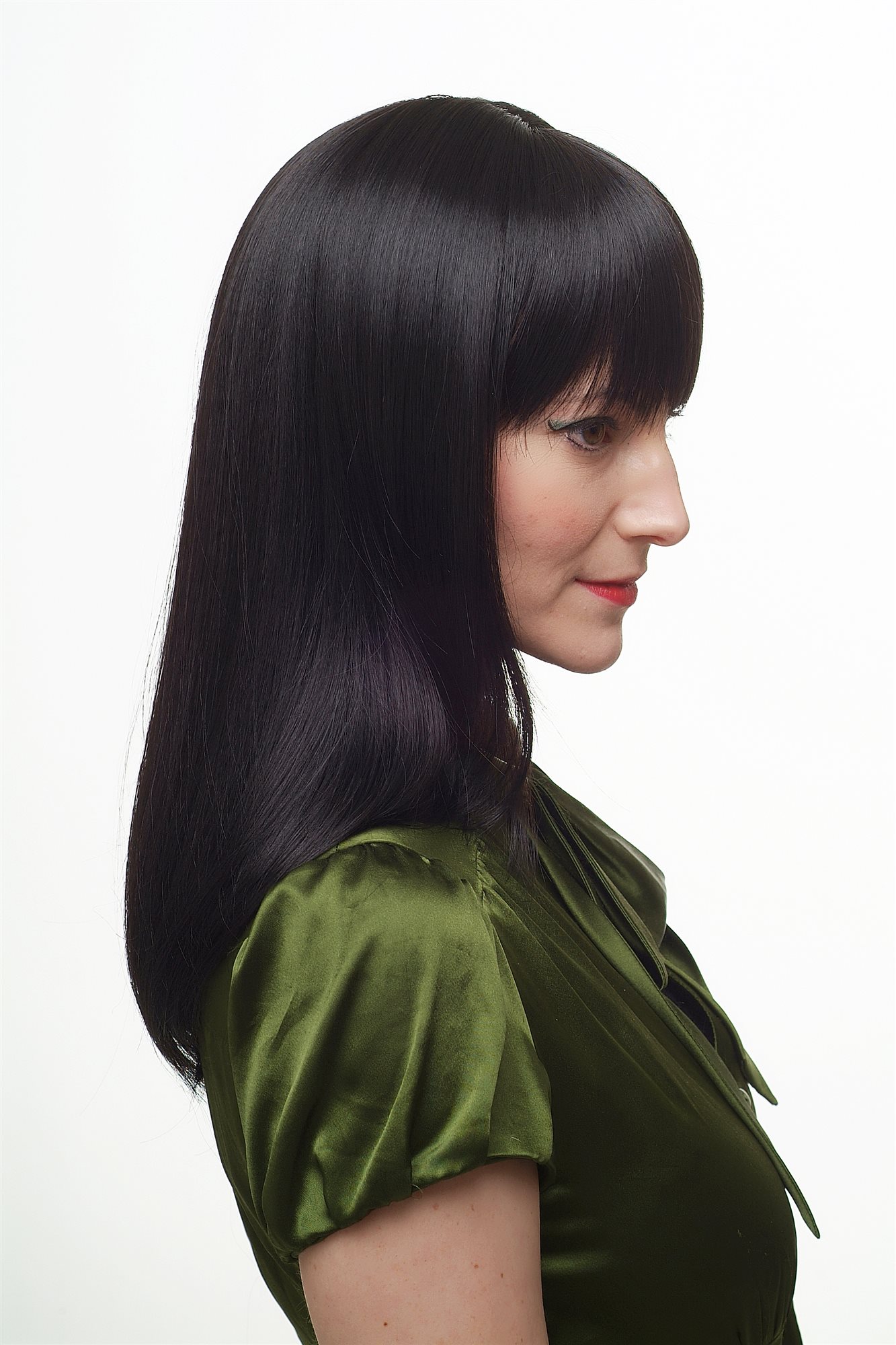 hochwertige Qualitätsperücken, Frauen Perücke schwarz halblang glatt fallend kesser Pony 3112-2, Ansicht 2, WIG ME UP: Ihr Perücken Online Shop glatte Tressen-Perücke mit Kopfhaut-Imitat Schwarzbraun schulterlange Haare für Damen