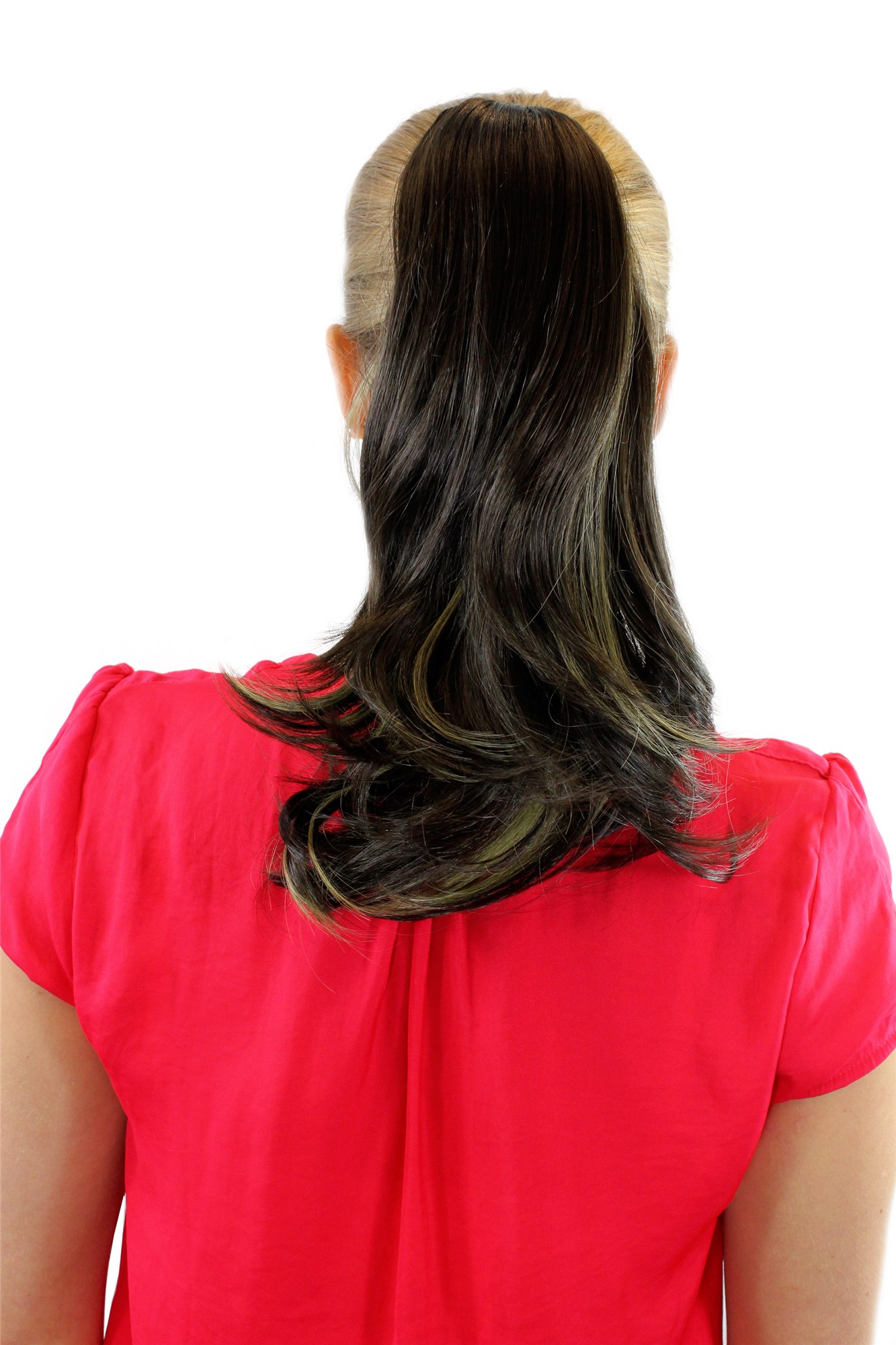 RL-060-8H24 Ponytail Hairpiece extension medium length straight with curved bouncing tips brown blond streaked highlights buttterfly claw grip 14", front view, WIG ME UP: Your Perücken Online Shop Ponytails, brown-blonde mix, wavy, shoulder-length
