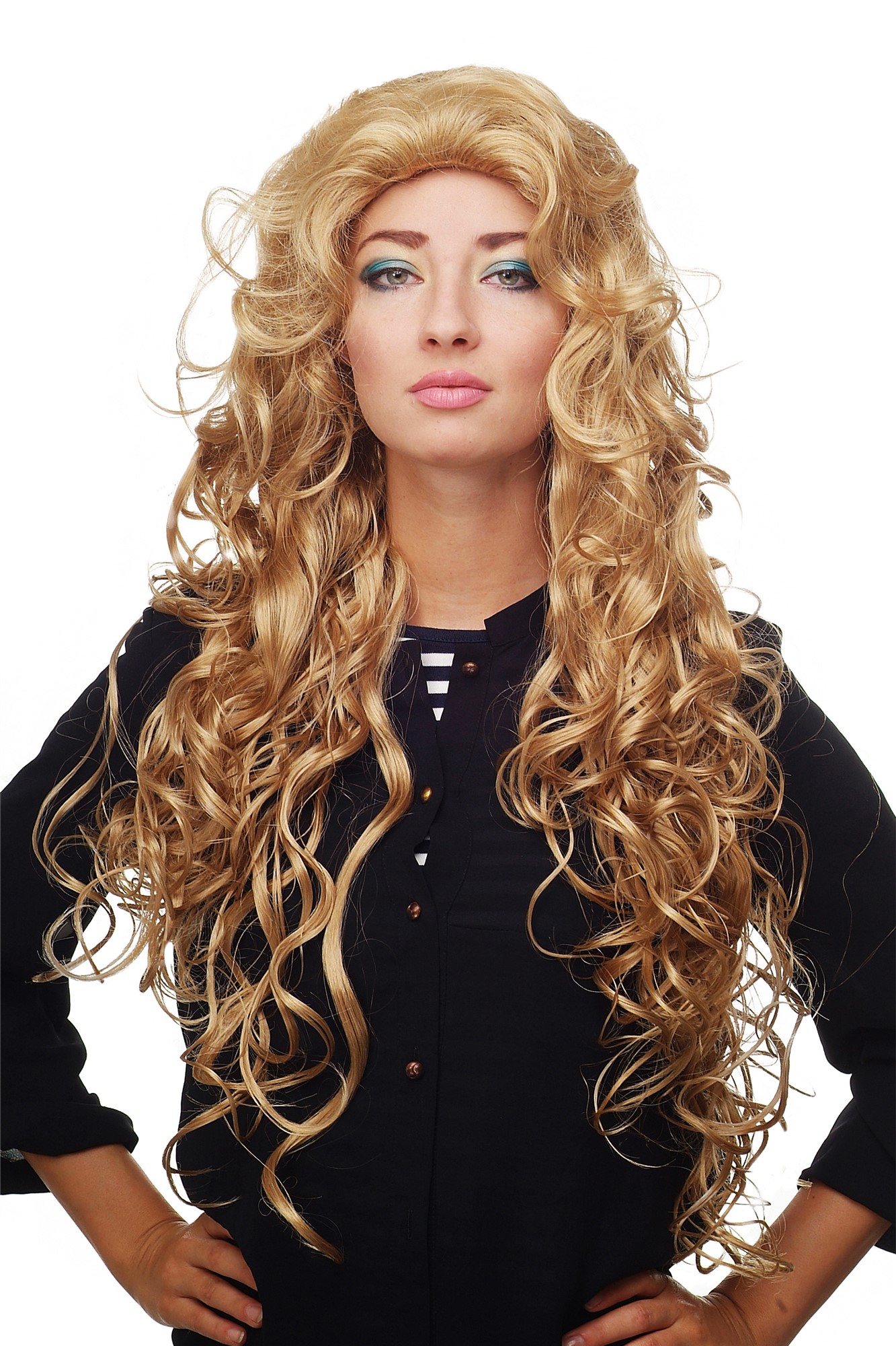 hochwertige Qualitätsperücken, Perücke Tolle Goldblond Lang Locken Modell: 81445, Vorderansicht, WIG ME UP: Ihr Perücken Online Shop lockige Tressen-Perücke Goldblond sehr lange Haare für Damen