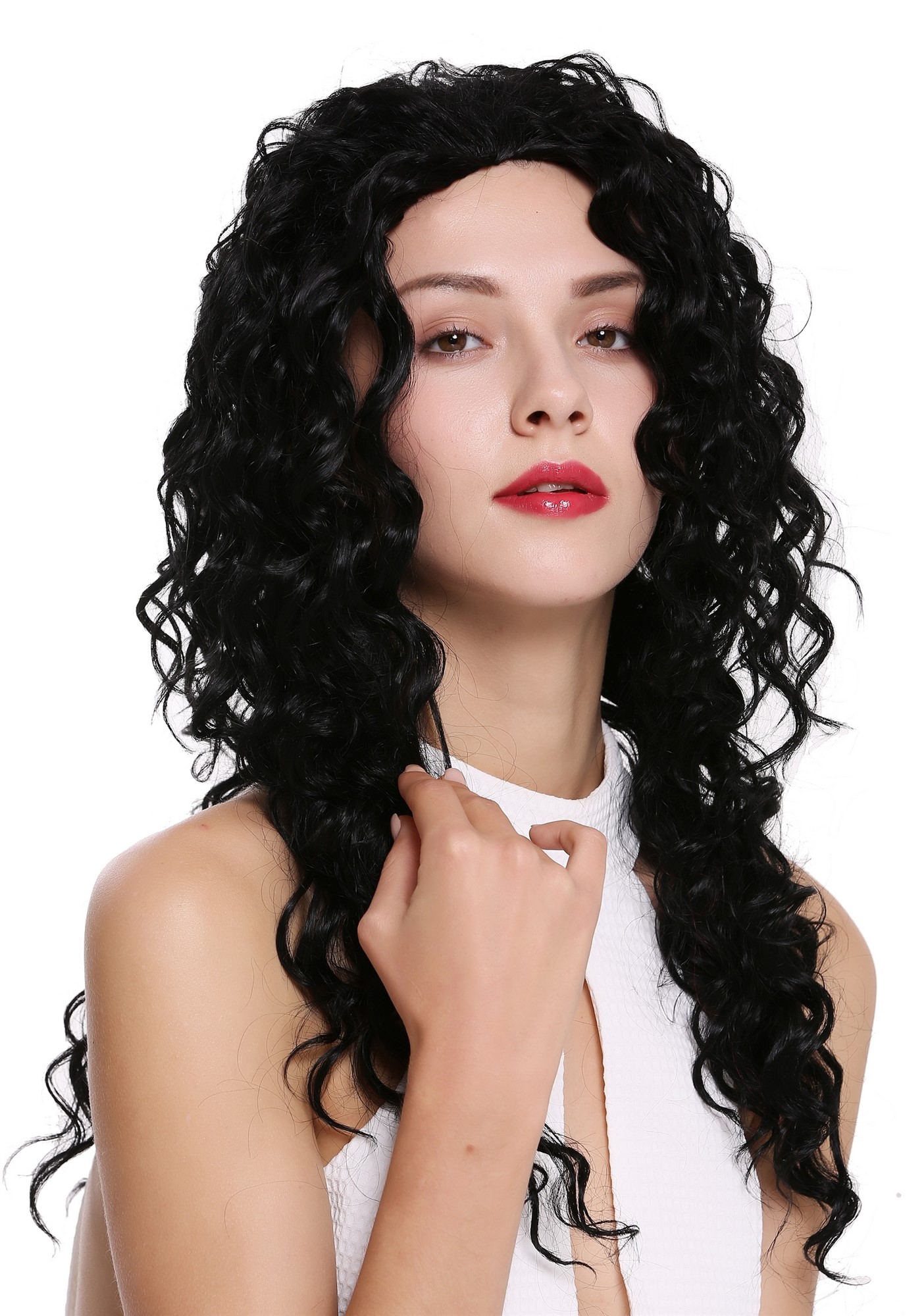 hochwertige Qualitätsperücken, Halbperücke 3/4 Perücke lang gelockt schwarz AG-1, Ansicht 3, WIG ME UP: Ihr Perücken Online Shop lockige Tressen-Perücke mit Gummizug Schwarz lange Haare für Damen