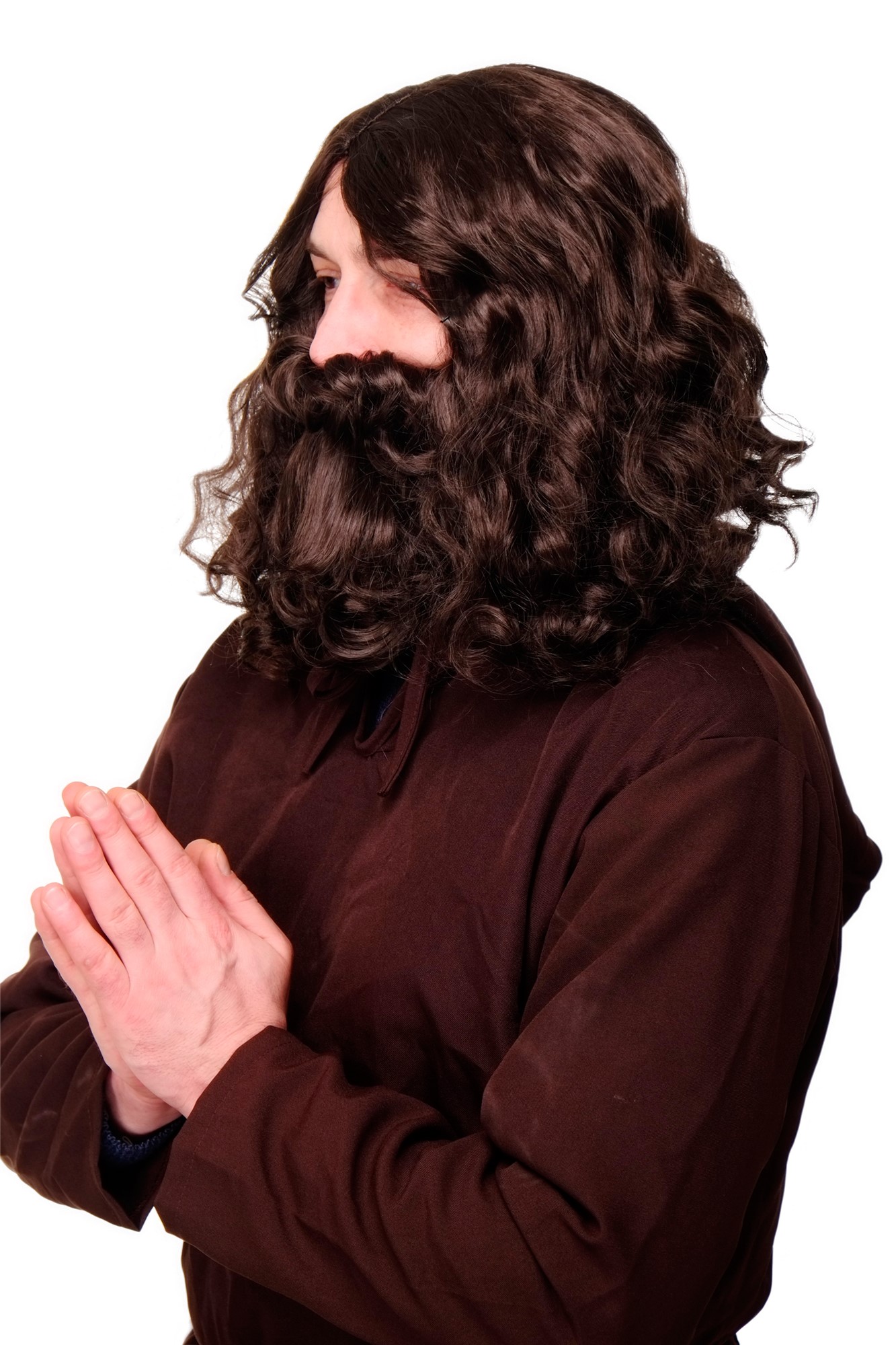 günstige Party Perücke, Perücke + Vollbart Jesus Guru Hipster Braun Modell: WIG005, Vorderansicht, WIG ME UP: Ihr Perücken Online Shop wellige Party Perücke Braun schulterlange Haare für Herren
