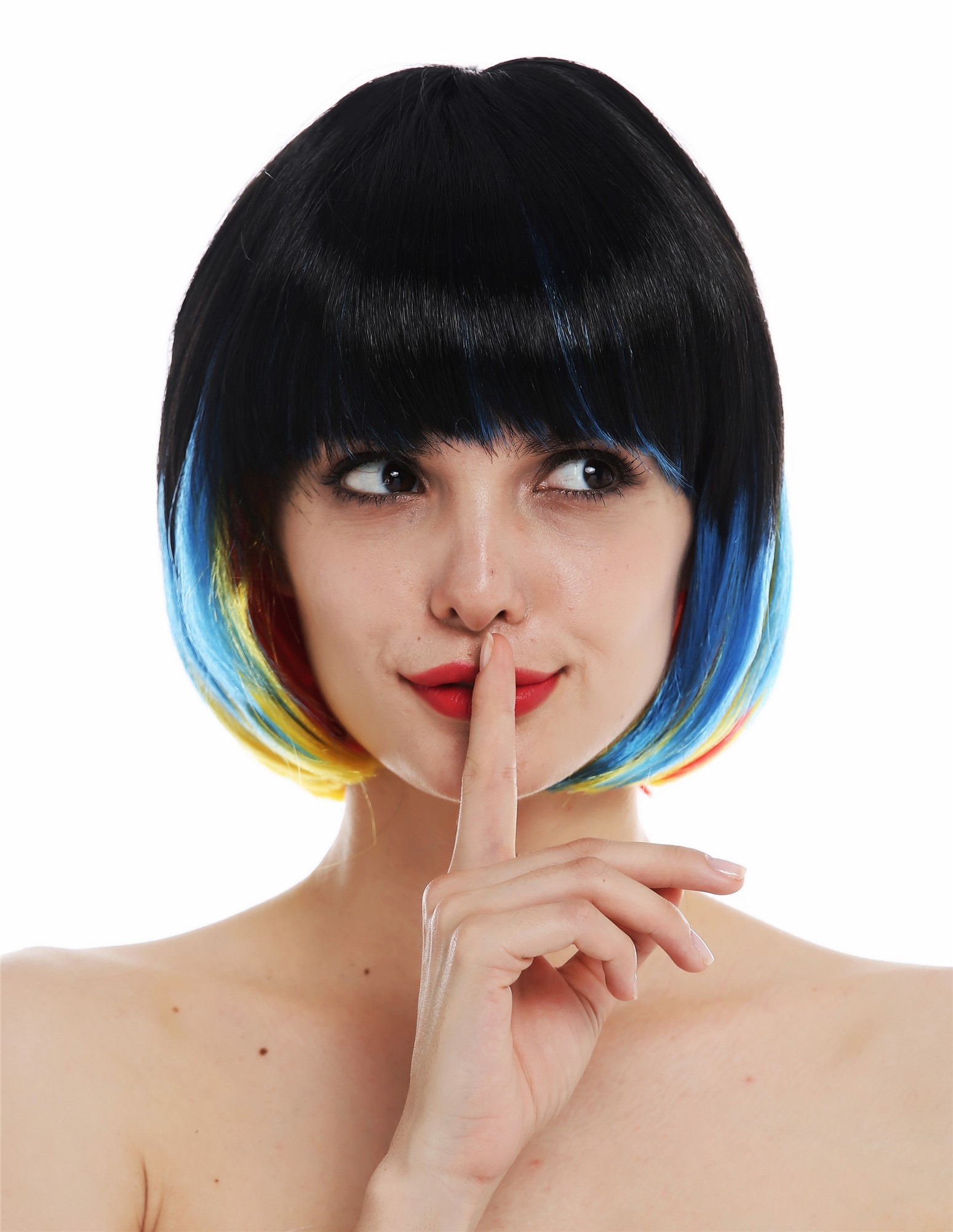 Wig Halloween women lady bob fringe short colourful black blue red yellow 31782, front view, WIG ME UP: Your Perücken Online Shop Party Wig, Ladies, Black, Red, Yellow, Blue, straight, short
