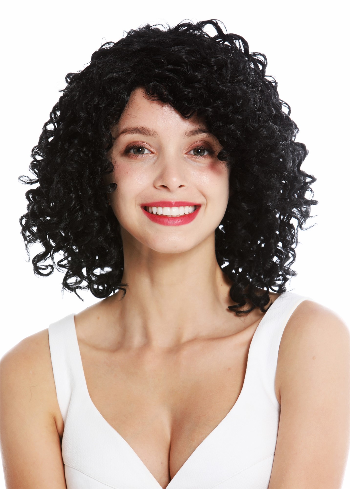 hochwertige Qualitätsperücken, Perücke Voluminös Locken Karibik Schwarz YZF-7283A-1, Vorderansicht, WIG ME UP: Ihr Perücken Online Shop lockige Tressen-Perücke Schwarz schulterlange Haare für Damen