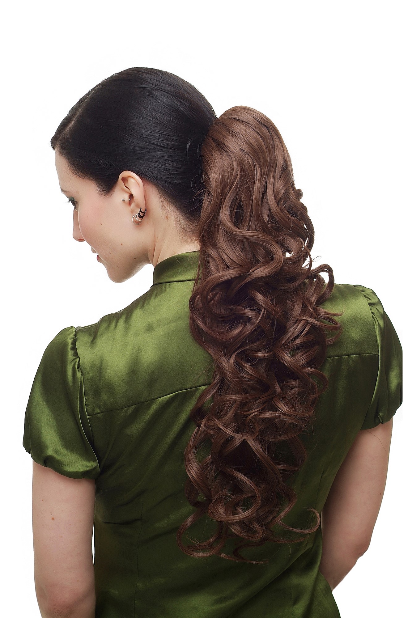 hochwertiges Haarteil Butterfly-Clip + Steckkämme + Gummizug lockig Braun WK08-57, Ansicht 2, WIG ME UP: Ihr Perücken Online Shop lockiges Zopf-Haarteil Braun 60 cm lang