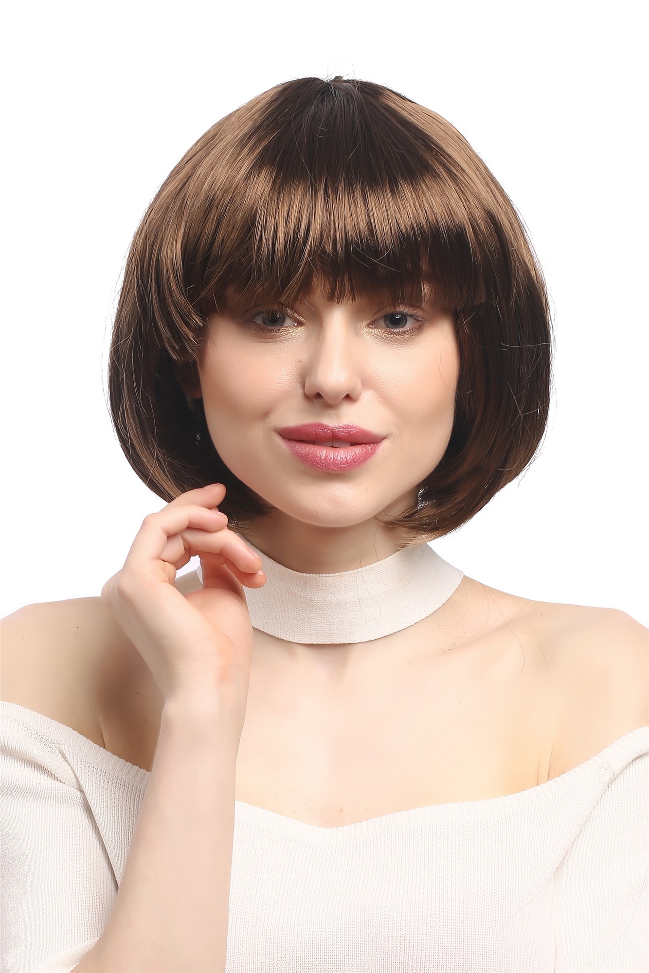 Party Halloween Disco lady women wig Bob fringe bangs short sexy brown PW0114, front view, WIG ME UP: Your Perücken Online Shop Party Wig, Ladies, medium brown, straight, short