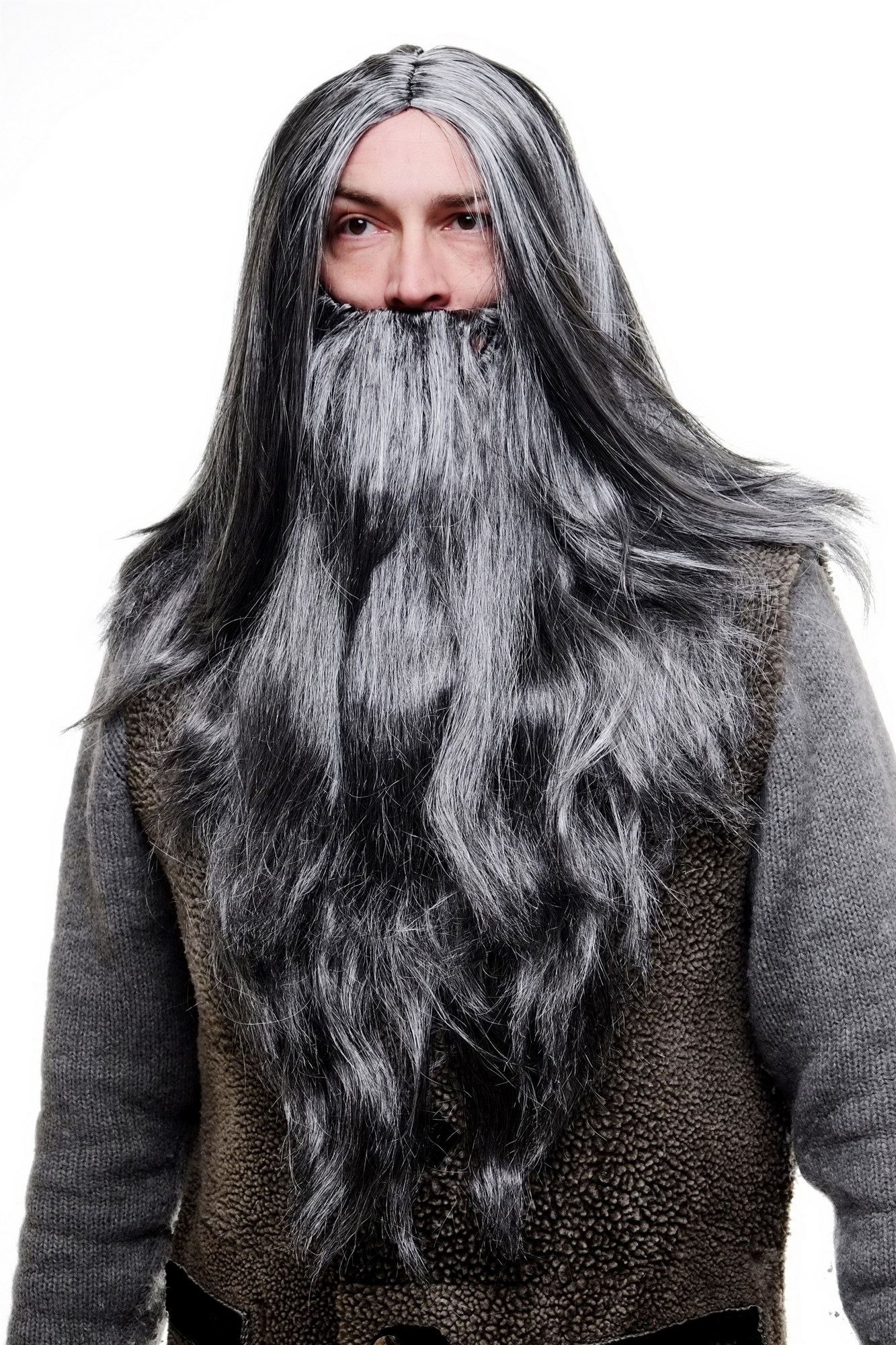 Party/Fancy Dress/Halloween LONG Beard & WIG set Grey Wizard Old Biker, front view, WIG ME UP: Your Perücken Online Shop Party Wig, Men, Grey, straight, long