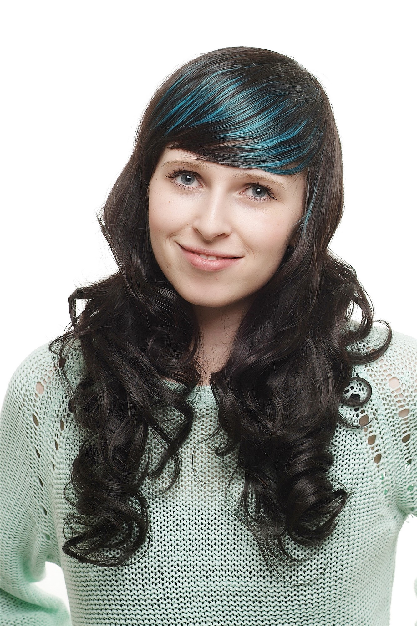 Extravagant Lady  Wig long beautiful curls dark brown purple highlights in fringe emo punk, front view, WIG ME UP: Your Perücken Online Shop Quality Wigs, Ladies, dark brown, curled, long