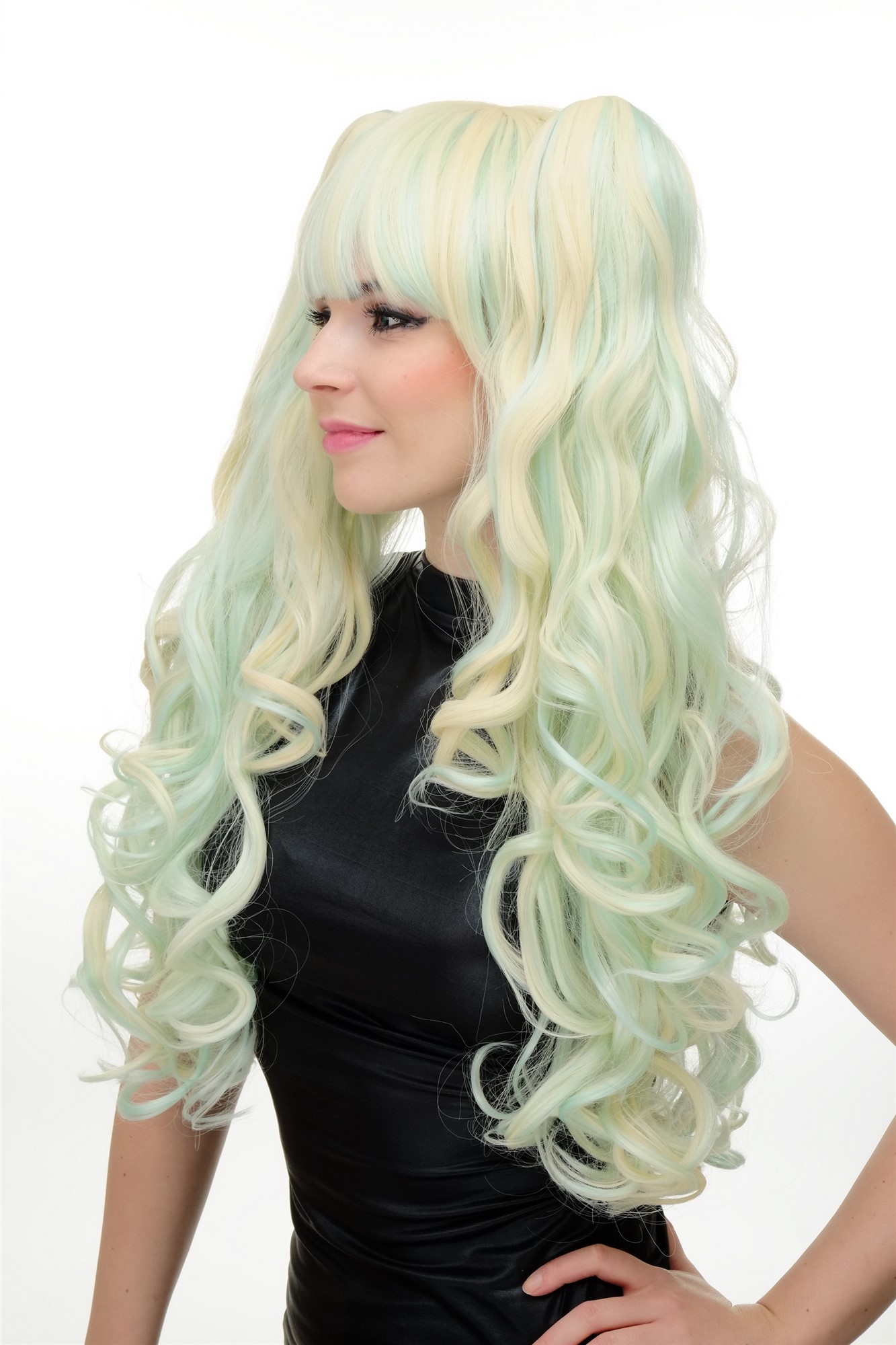 hochwertige Qualitätsperücken, Perücke Cosplay Lang Zöpfe Hellblond Hellblau YZF-7092L+A-T5507/613, Ansicht 2, WIG ME UP: Ihr Perücken Online Shop lockige Tressen-Perücke mit Kopfhaut-Imitat Lichtblond-Hellgrün sehr lange Haare für Damen