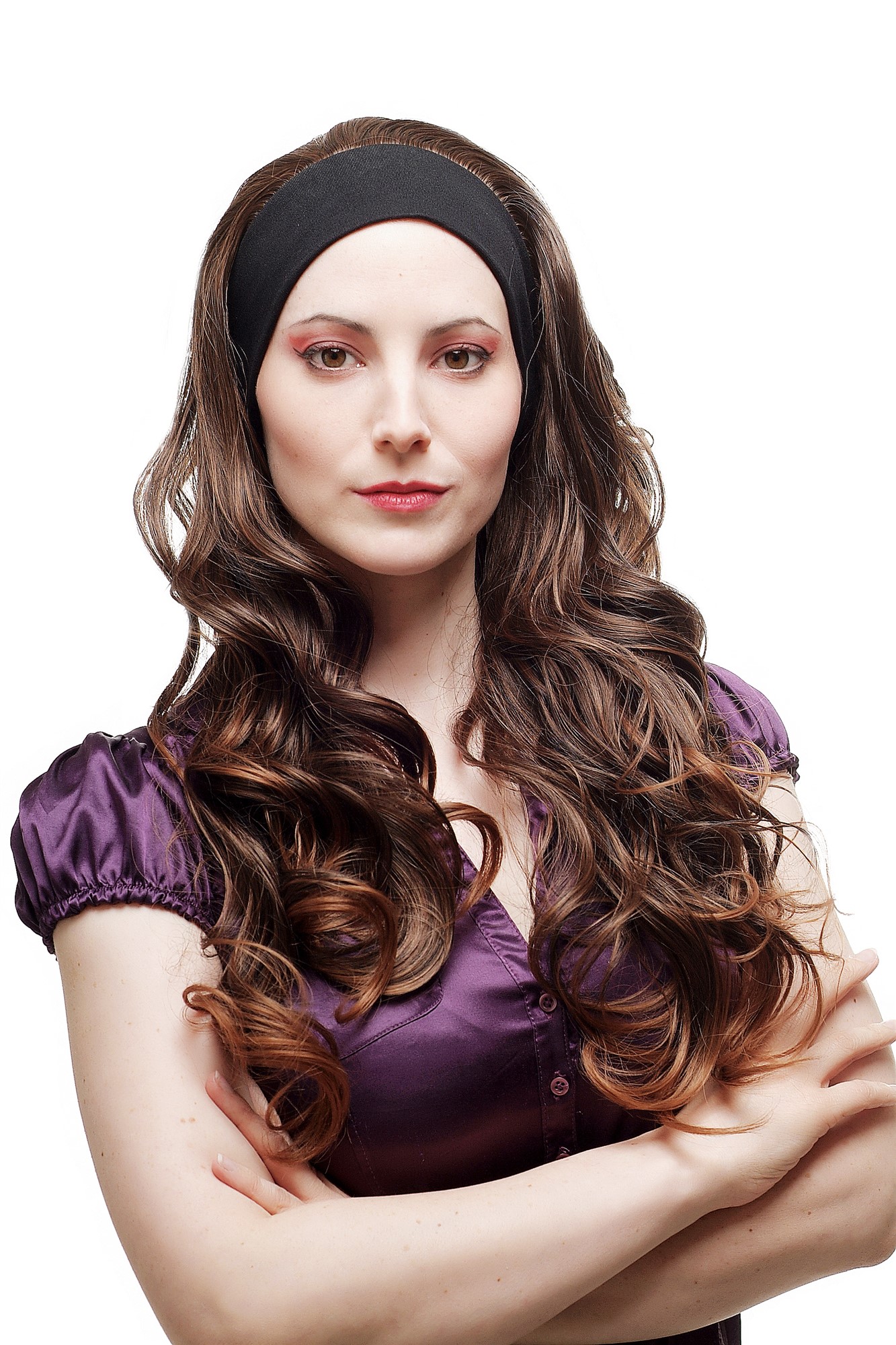 Lady  Wig on elastic black headband very long curling chestnut brown mix strands 25", front view, WIG ME UP: Your Perücken Online Shop Quality Wigs, Ladies, Brown, curled, long