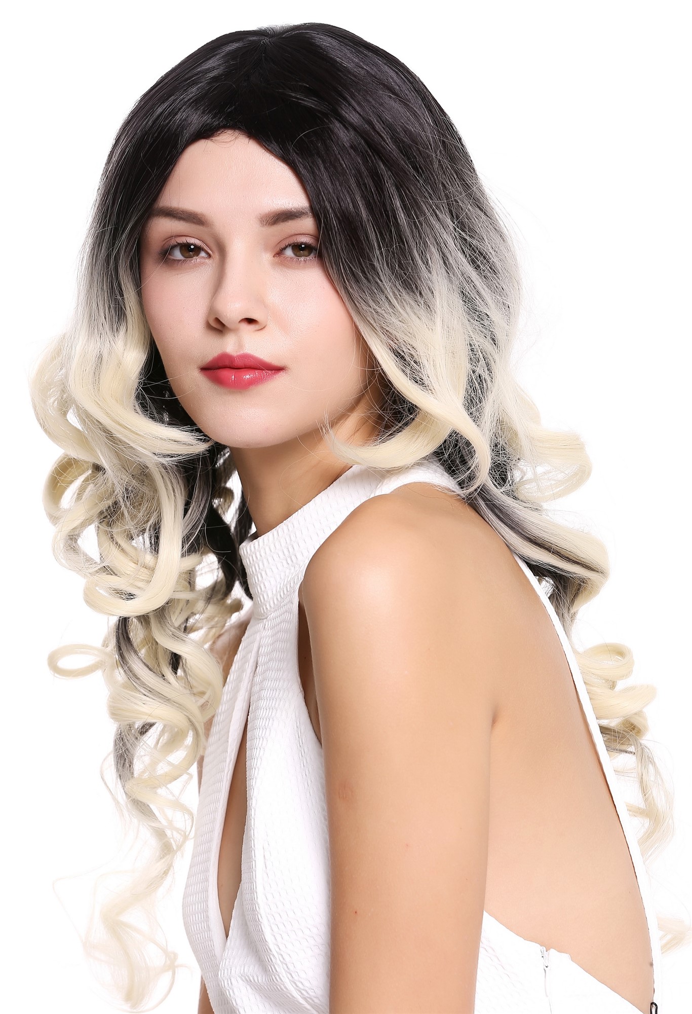 hochwertige Qualitätsperücken, Perücke Lang Locken Ombre Schwarz Platin Blond ZM-1668-613R1B, Ansicht 3, WIG ME UP: Ihr Perücken Online Shop lockige Tressen-Perücke mit Kopfhaut-Imitat Schwarz-Platinblond-Mix lange Haare für Damen