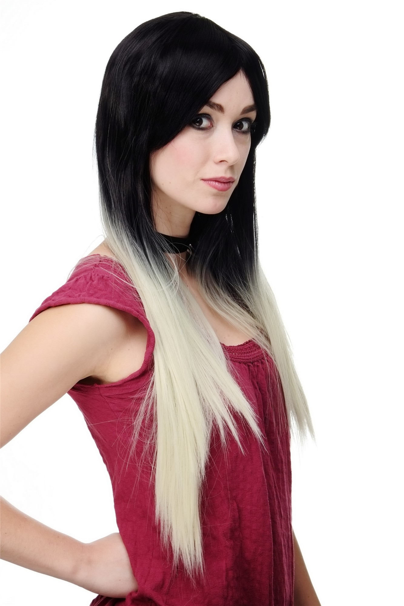 hochwertige Qualitätsperücken, Perücke Ombre Schwarz Platin Glatt Mittelscheitel H9701-2F613, Ansicht 3, WIG ME UP: Ihr Perücken Online Shop glatte Tressen-Perücke mit Kopfhaut-Imitat Schwarz-Platinblond sehr lange Haare für Damen