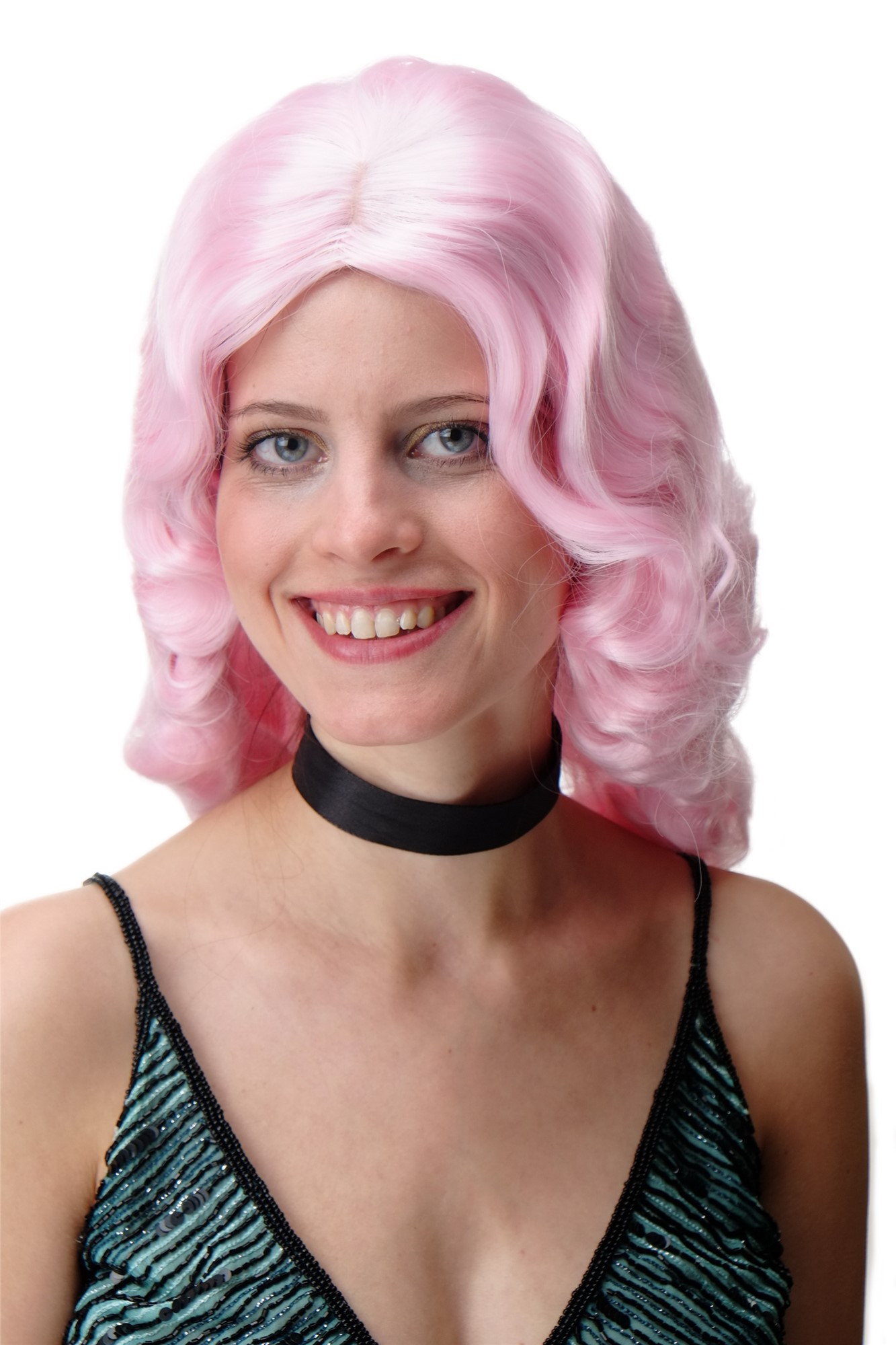 hochwertige Qualitätsperücken, Perücke Diva Wasserwelle Rosa GFW1860-TF2317, Vorderansicht, WIG ME UP: Ihr Perücken Online Shop wellige Tressen-Perücke mit Kopfhaut-Imitat Hellrosa schulterlange Haare für Damen